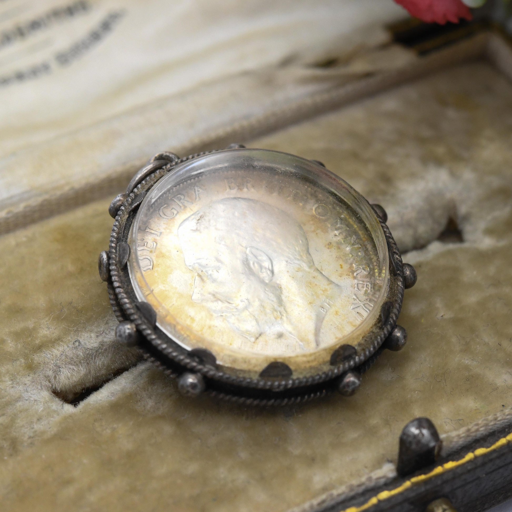 Antique Sterling Silver Coin Pendant in Fob Mount 1914 George V One Shilling - Domed Glass Magnified Coin Pendant | Gift for Charm Necklace