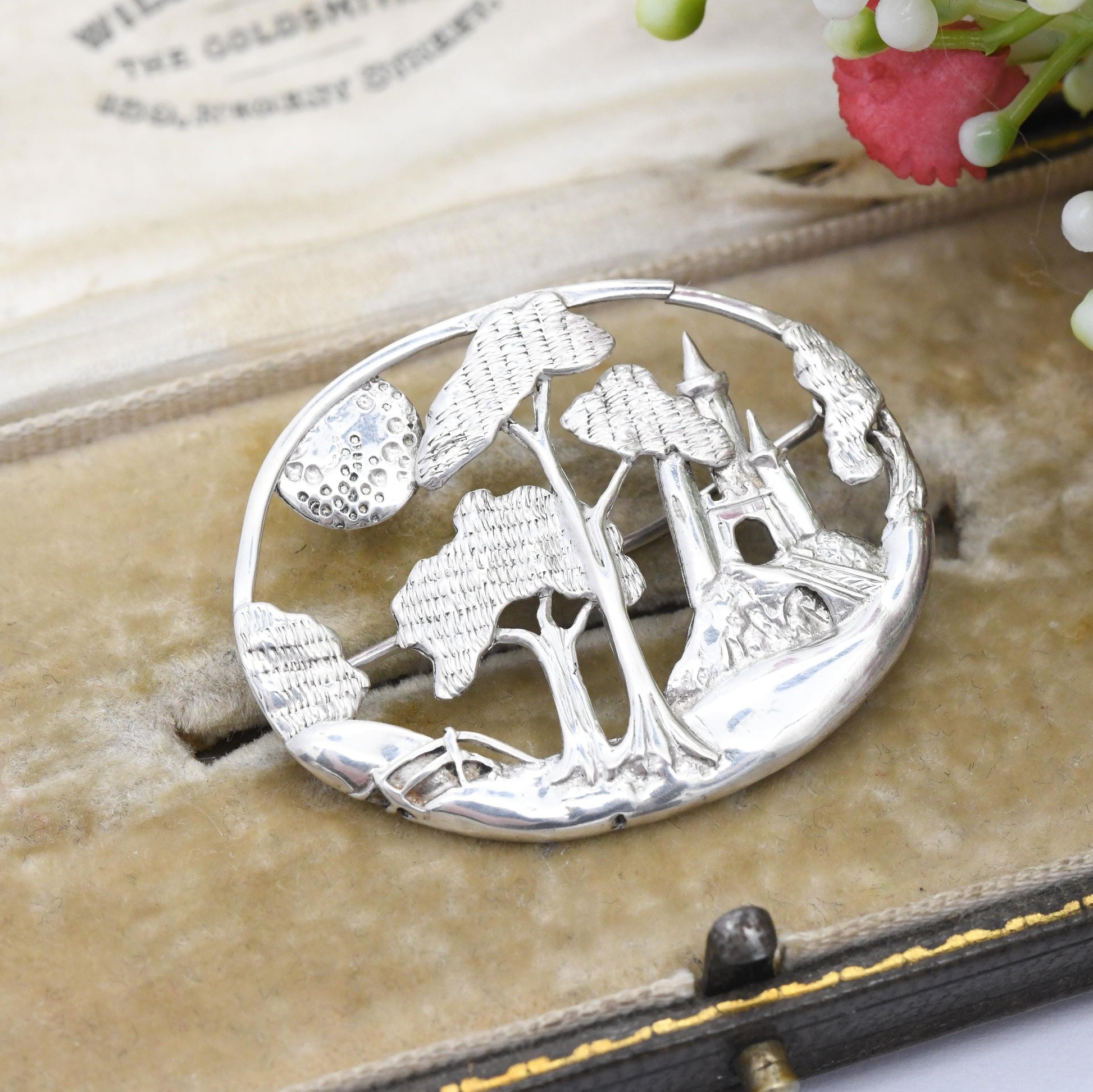 Vintage Sterling Silver Figural Brooch of a Castle in Trees - Openwork Fairytale Princess Castle in Woods Rural Countryside Pastoral Scene