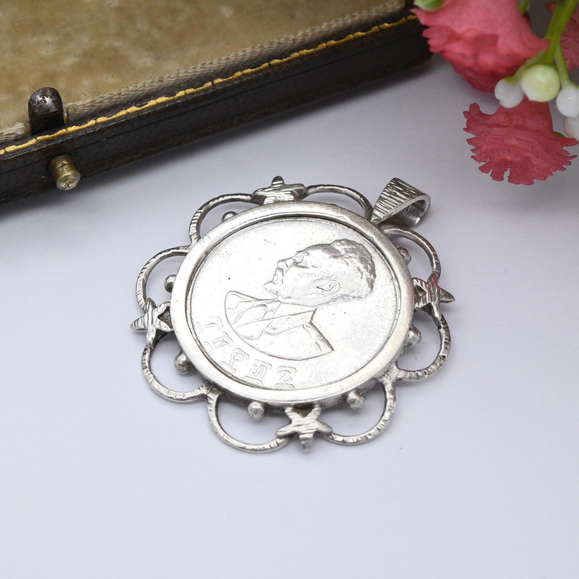 Vintage Silver Haile Selassie Coin Pendant 1930 - Ethiopian Coin Souvenir Emperor of Ethiopia | Crowned Lion of Judah Holding Ribboned Cross