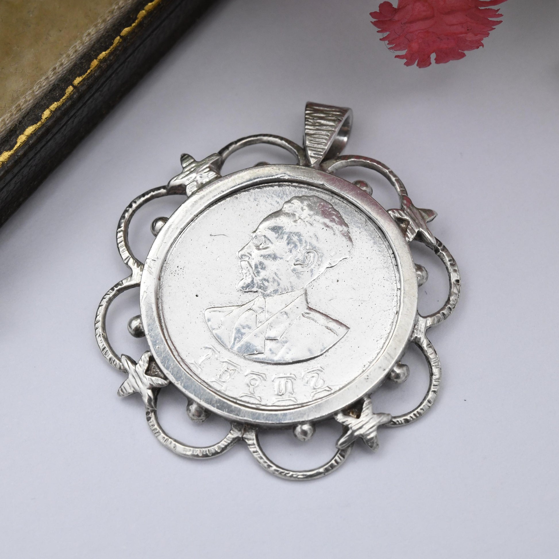 Vintage Silver Haile Selassie Coin Pendant 1930 - Ethiopian Coin Souvenir Emperor of Ethiopia | Crowned Lion of Judah Holding Ribboned Cross