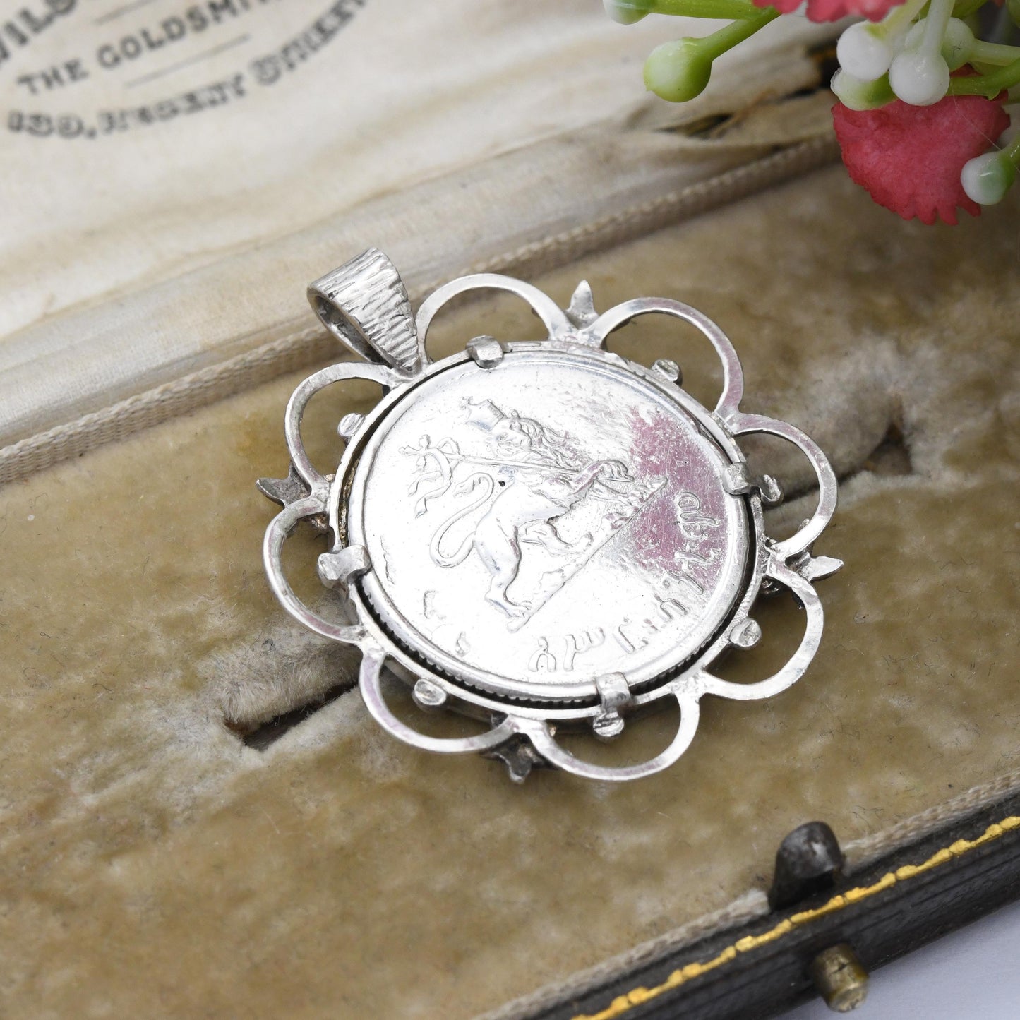 Vintage Silver Haile Selassie Coin Pendant 1930 - Ethiopian Coin Souvenir Emperor of Ethiopia | Crowned Lion of Judah Holding Ribboned Cross