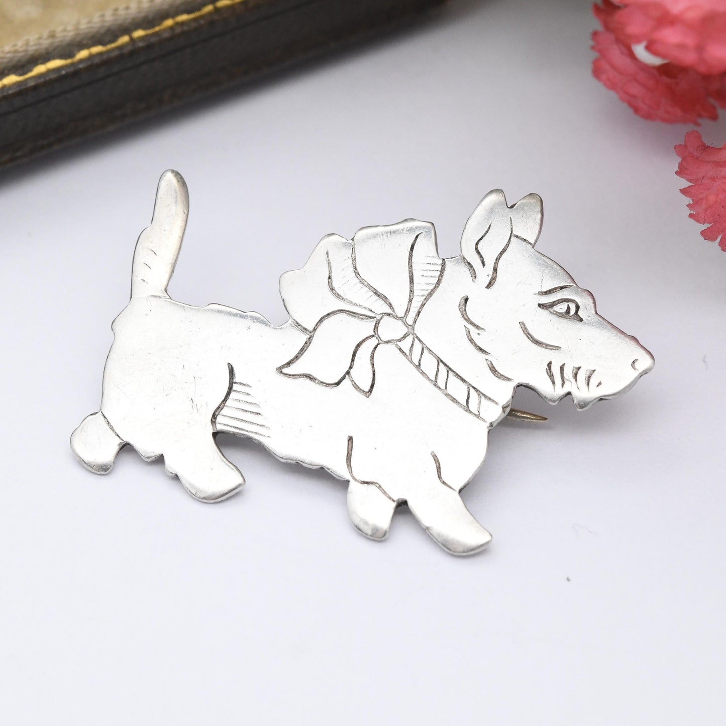 Vintage Sterling Silver Scottie Dog Brooch c. 1940s - Dog Wearing a Bow Collar Deco Style Puppy Silver Animal Attributed to Charles Horner