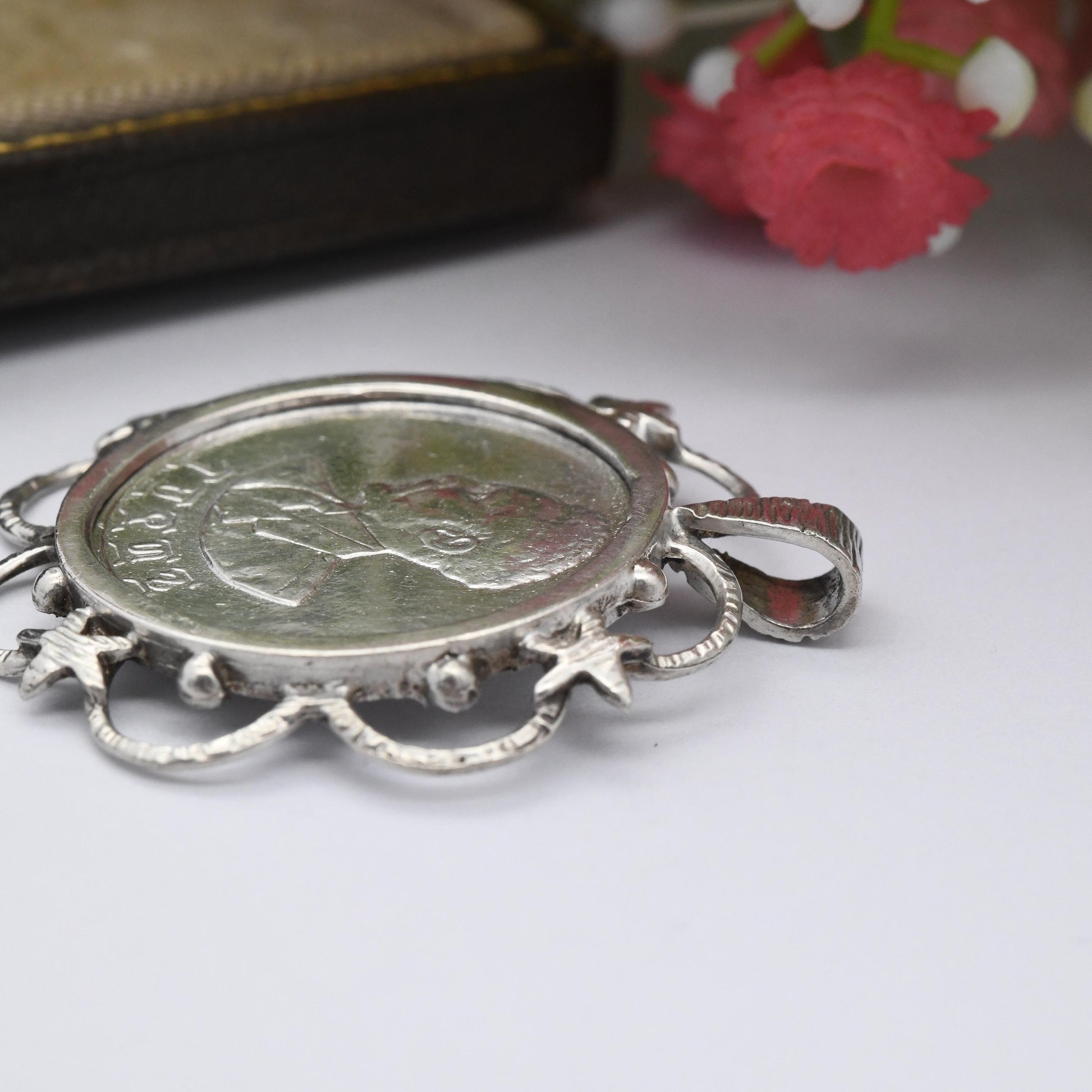 Vintage Silver Haile Selassie Coin Pendant 1930 - Ethiopian Coin Souvenir Emperor of Ethiopia | Crowned Lion of Judah Holding Ribboned Cross