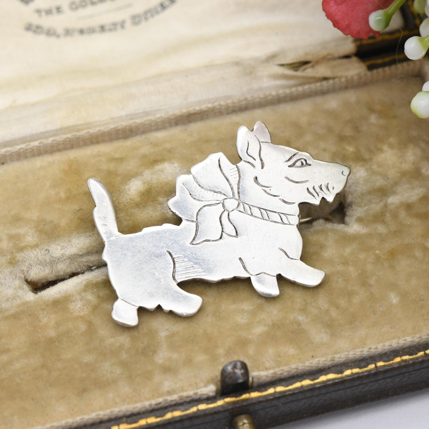 Vintage Sterling Silver Scottie Dog Brooch c. 1940s - Dog Wearing a Bow Collar Deco Style Puppy Silver Animal Attributed to Charles Horner