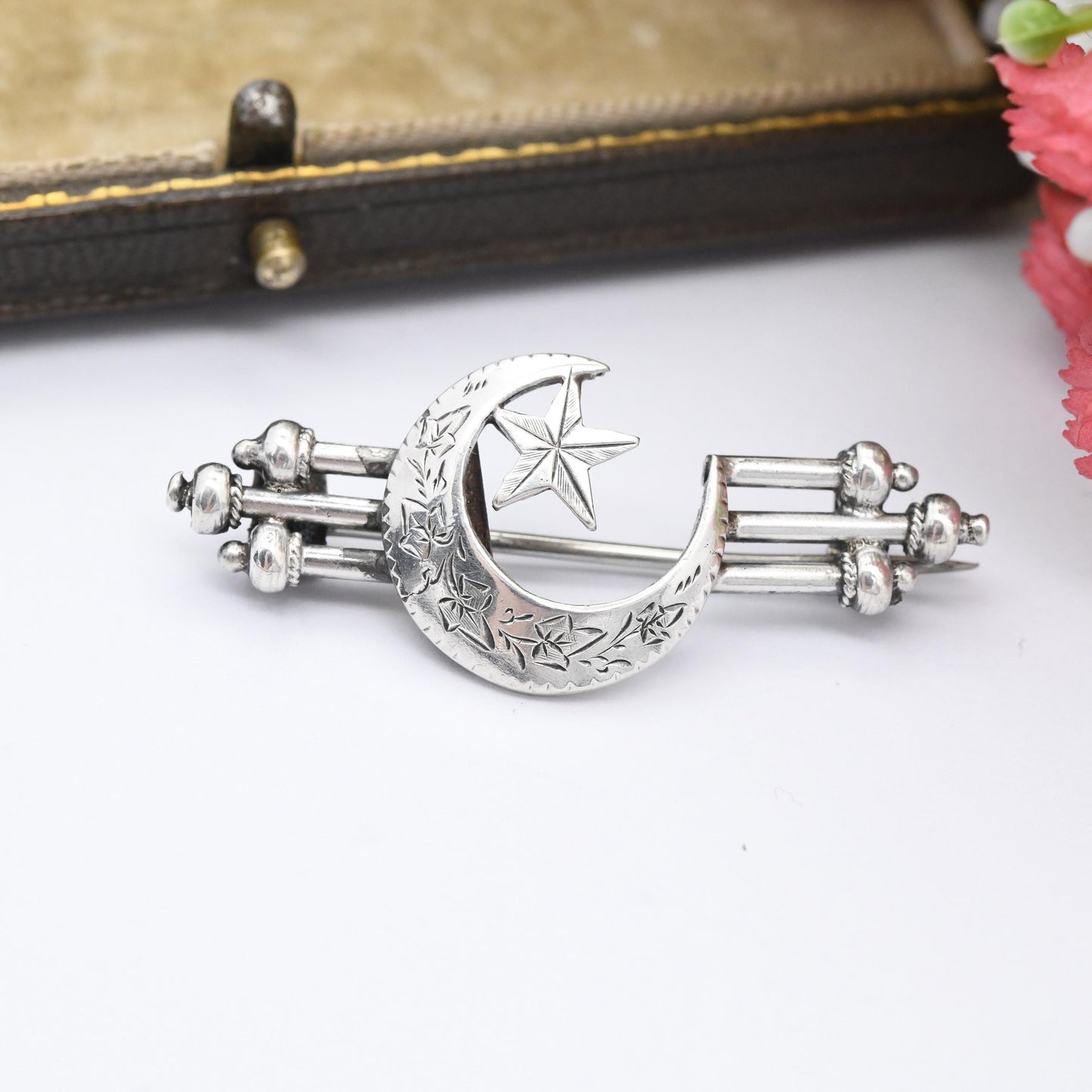 Antique Victorian Sterling Silver Moon and Star Brooch with Hand Engraved Ivy Leaf Design Crescent Moon