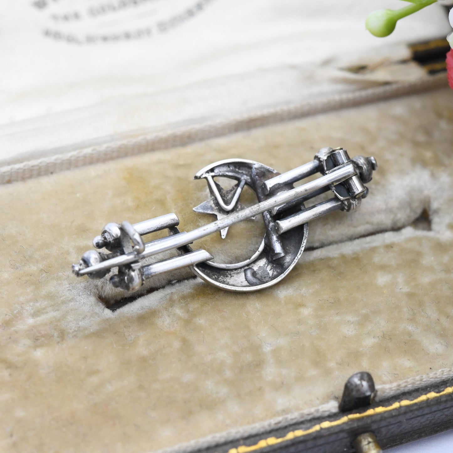 Antique Victorian Sterling Silver Moon and Star Brooch with Hand Engraved Ivy Leaf Design Crescent Moon