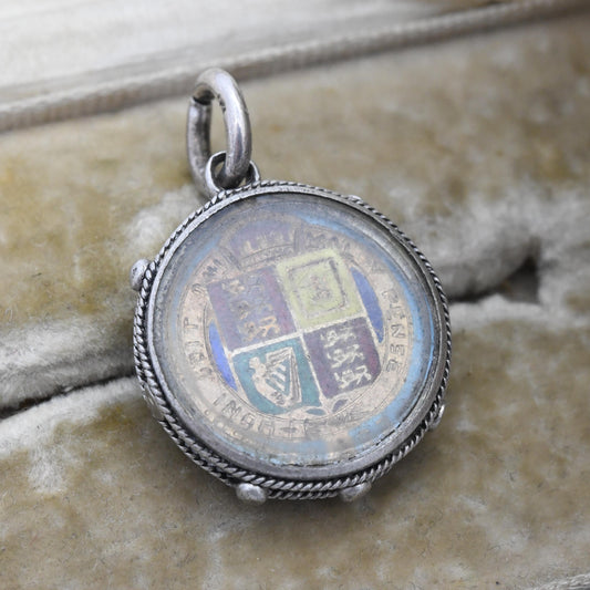 Antique Victorian Silver 1887 Sixpence Pendant Enamelled Coin in Sterling Silver Fob Mount - Rope Twist and Granulated Edges Nautical Style