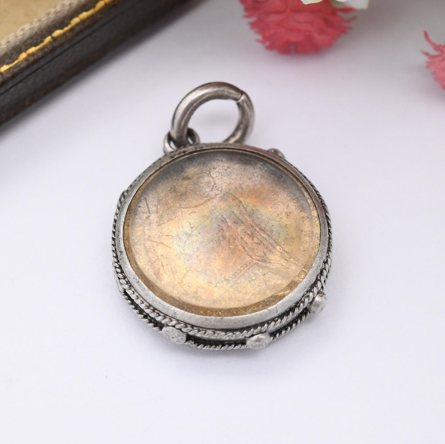 Antique Victorian Silver 1887 Sixpence Pendant Enamelled Coin in Sterling Silver Fob Mount - Rope Twist and Granulated Edges Nautical Style