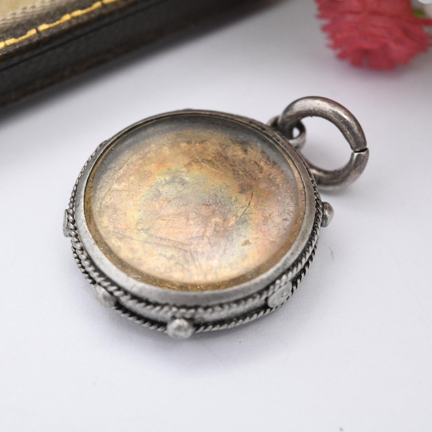 Antique Victorian Silver 1887 Sixpence Pendant Enamelled Coin in Sterling Silver Fob Mount - Rope Twist and Granulated Edges Nautical Style