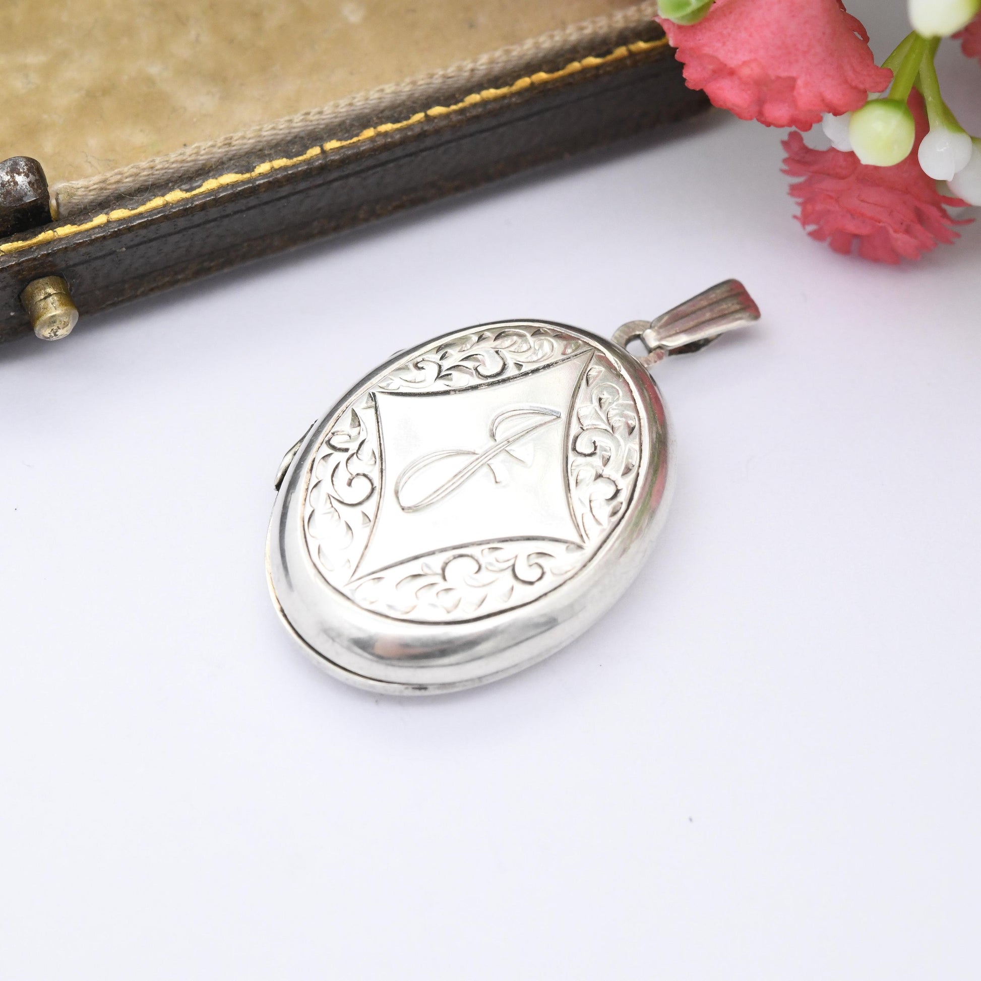 Vintage Sterling Silver Locket Pendant 1977 Engraved Letter J - Personalised Oval Locket with Engraved Scrolling | Pretty Gift for Her