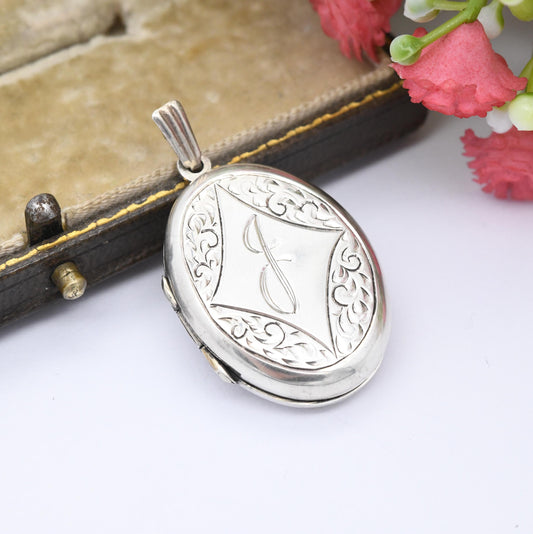 Vintage Sterling Silver Locket Pendant 1977 Engraved Letter J - Personalised Oval Locket with Engraved Scrolling | Pretty Gift for Her