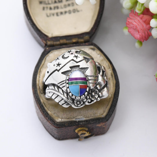 Vintage Shube Dakota West Sterling Silver Bear Ring with Gemstone Inlay - Stars and Moon Feather Flowers | UK Size - R 1/2 | US Size - 8 3/4