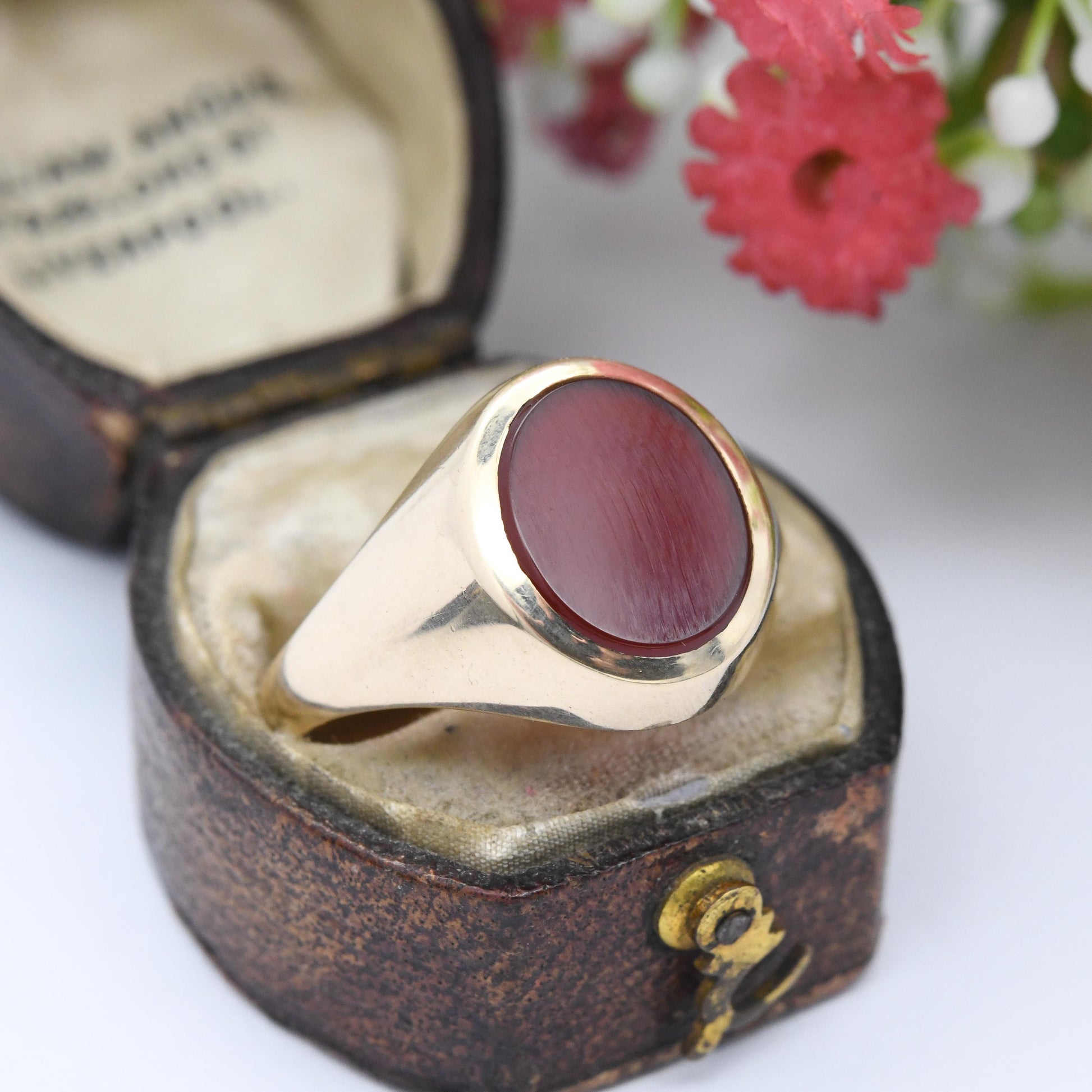 Vintage 9ct Gold Carnelian Signet Ring 1983 - Unisex Chunky Solid Gold Blank Gemstone | Boyfriend Gift | UK Size - V 1/2 | US Size - 10 3/4