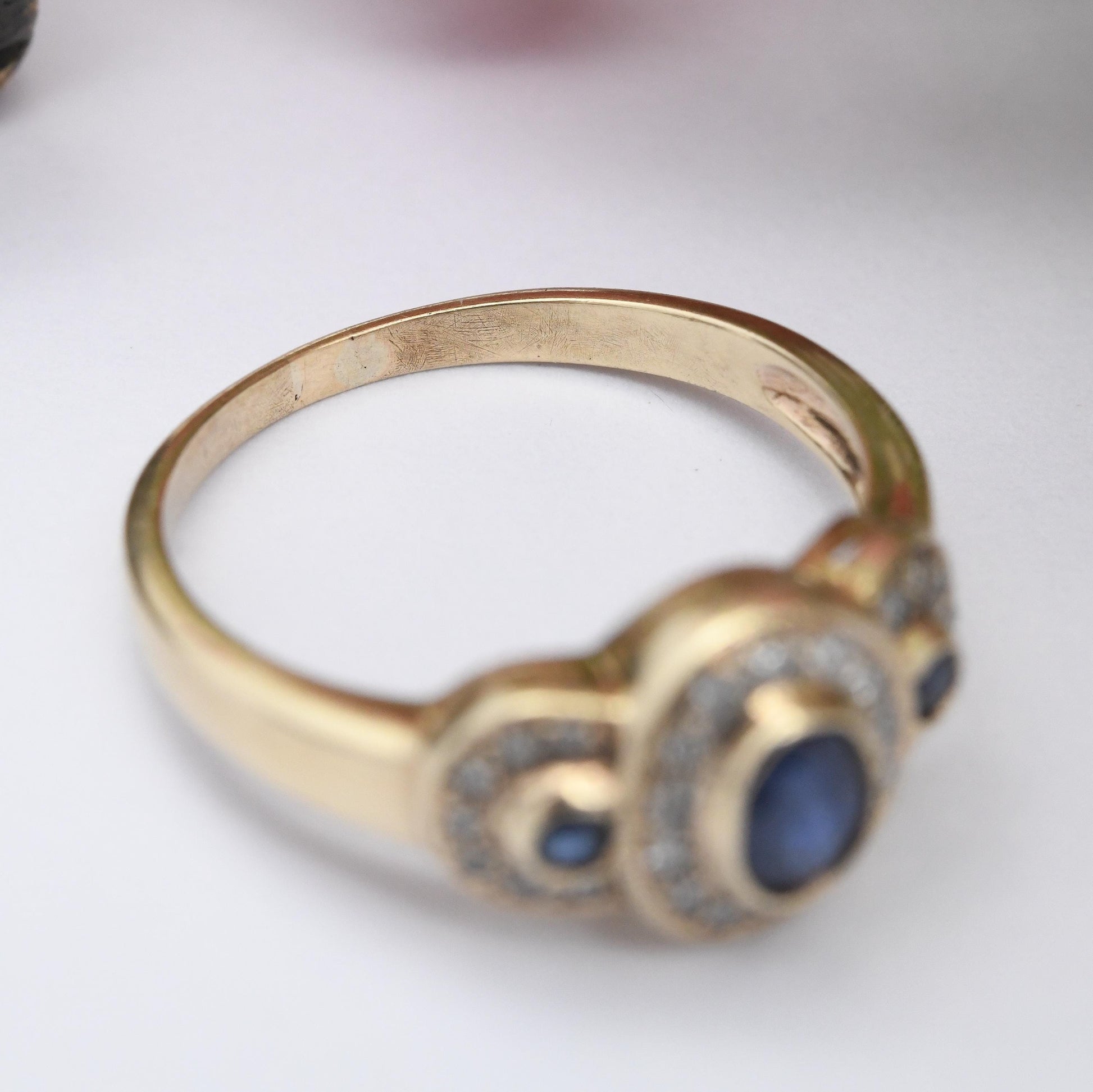 Vintage 9ct Gold Sapphire and Diamond Three Stone Halo Ring - Statement Cocktail Blue Engagement Ring Milgrain | UK Size - P US Size - 7 3/4