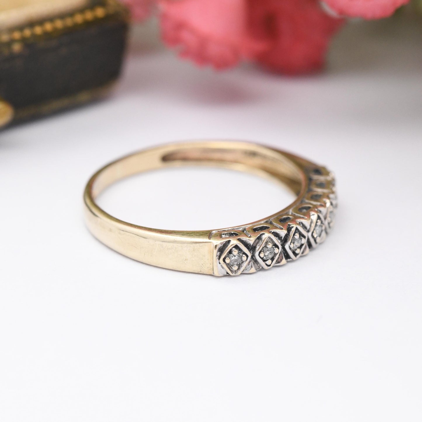 Vintage 9ct Gold Diamond Half Eternity Ring - 7 Stone Pretty Engagement Wedding Band Stacking Jewellery Gift | UK Size - O US Size - 7 1/4