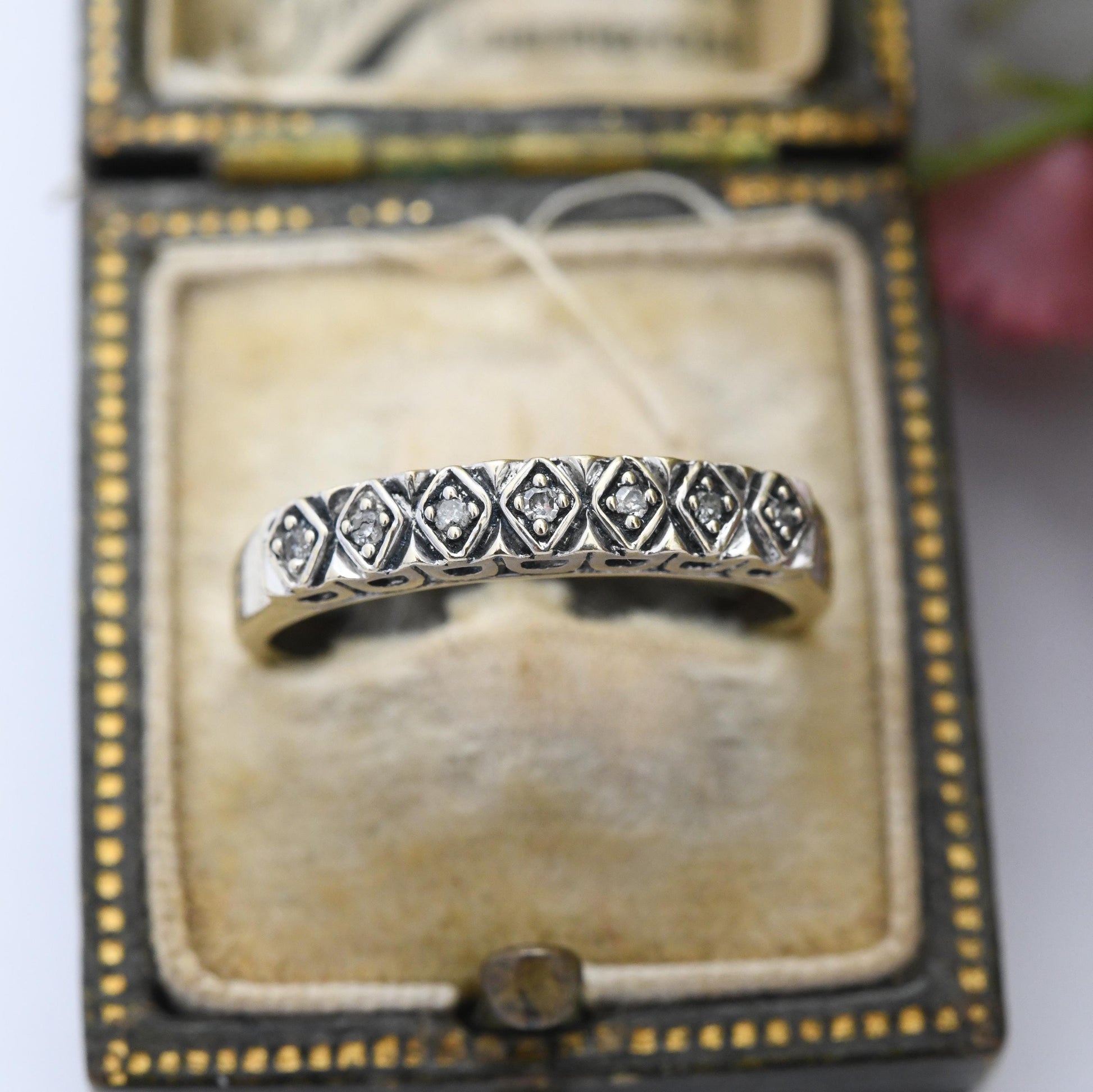 Vintage 9ct Gold Diamond Half Eternity Ring - 7 Stone Pretty Engagement Wedding Band Stacking Jewellery Gift | UK Size - O US Size - 7 1/4