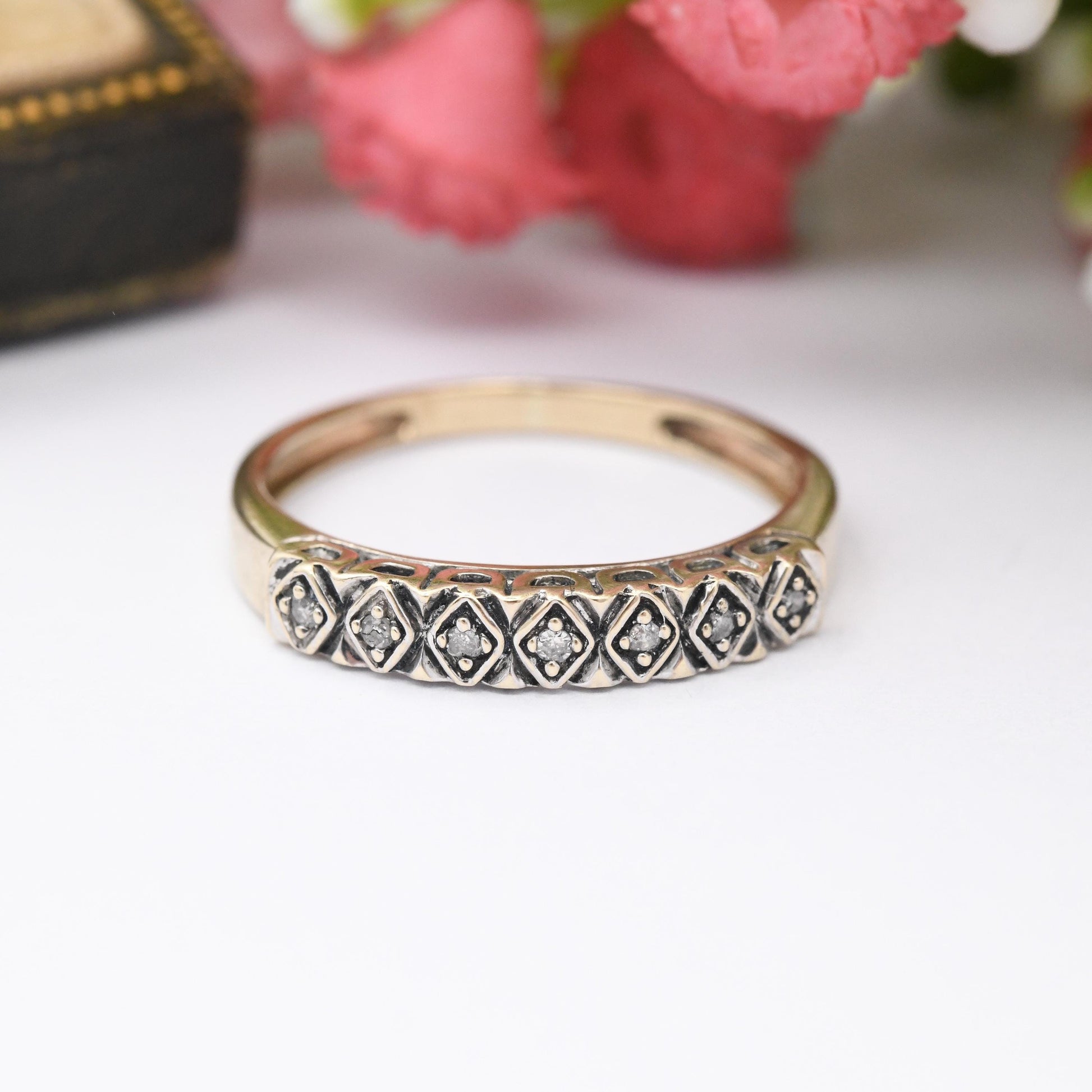 Vintage 9ct Gold Diamond Half Eternity Ring - 7 Stone Pretty Engagement Wedding Band Stacking Jewellery Gift | UK Size - O US Size - 7 1/4