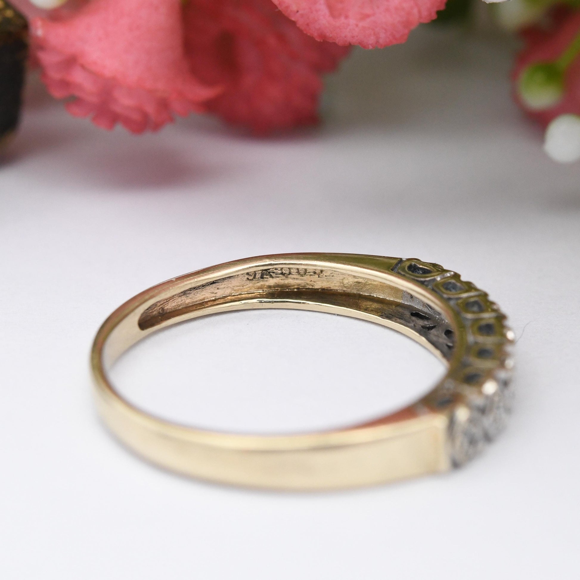 Vintage 9ct Gold Diamond Half Eternity Ring - 7 Stone Pretty Engagement Wedding Band Stacking Jewellery Gift | UK Size - O US Size - 7 1/4