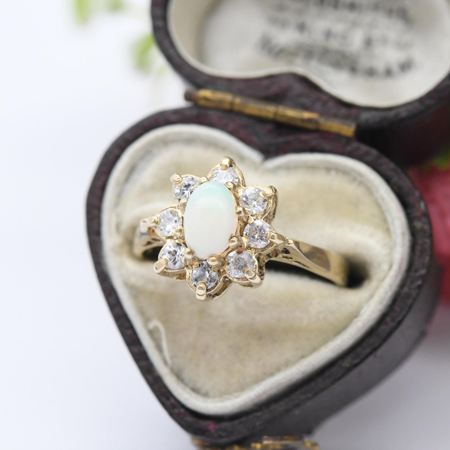 Vintage 9ct Gold Opal Floral Cluster Ring 1982 - Pretty Mid-Century Flower Ring with Clear Stones Halo | UK Size - L | US Size - 5 3/4