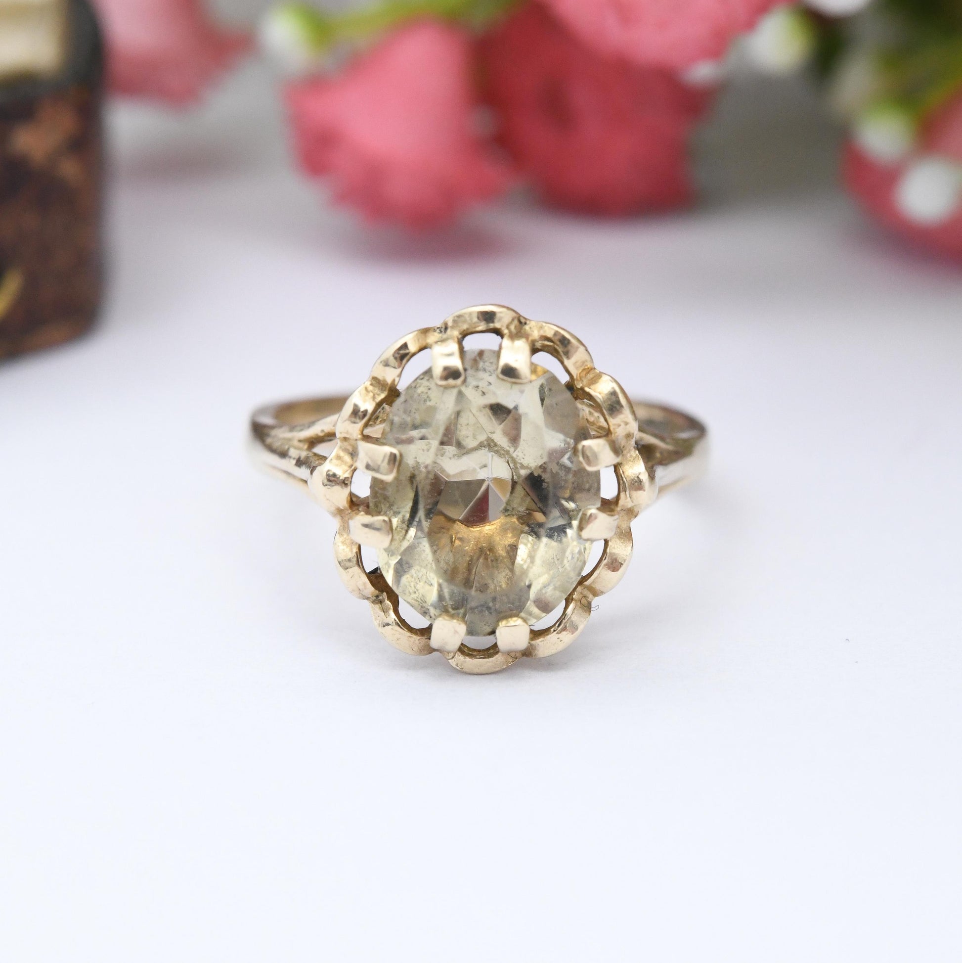 Vintage 9ct Gold Citrine Ring 1980 - Cocktail Ring Large Faceted Gemstone Jewellery | Small Size Gift for Her | UK Size - J 1/2 US Size - 5