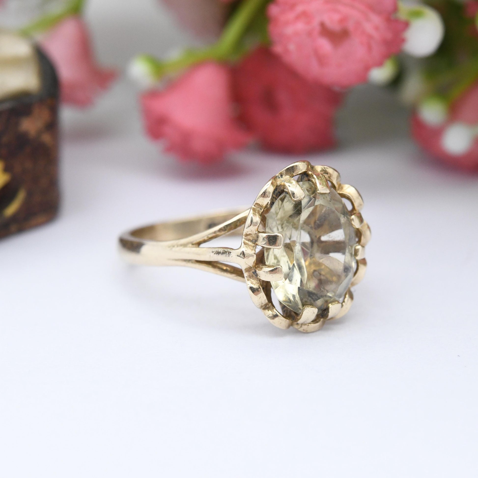 Vintage 9ct Gold Citrine Ring 1980 - Cocktail Ring Large Faceted Gemstone Jewellery | Small Size Gift for Her | UK Size - J 1/2 US Size - 5