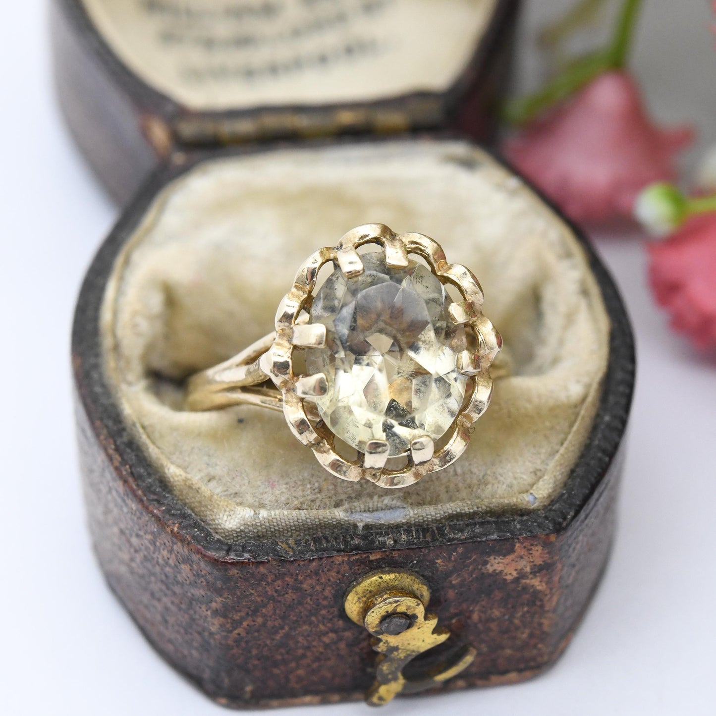 Vintage 9ct Gold Citrine Ring 1980 - Cocktail Ring Large Faceted Gemstone Jewellery | Small Size Gift for Her | UK Size - J 1/2 US Size - 5