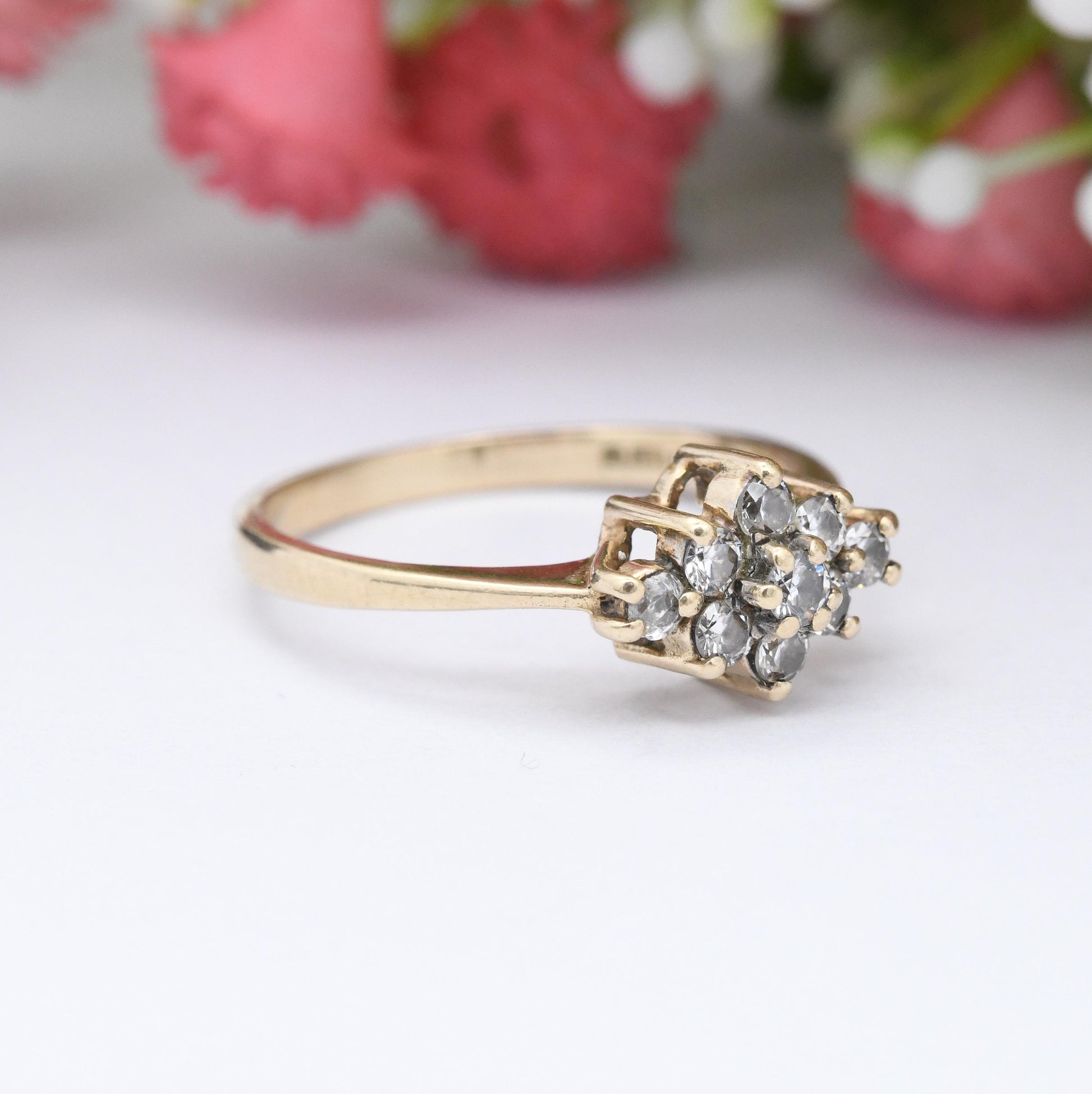 Vintage 9ct Gold Cluster Ring CZ 1984 - Delicate Style Placeholder Engagement Ring Pretty Gift for Her | UK Size - M | US Size - 6 1/4