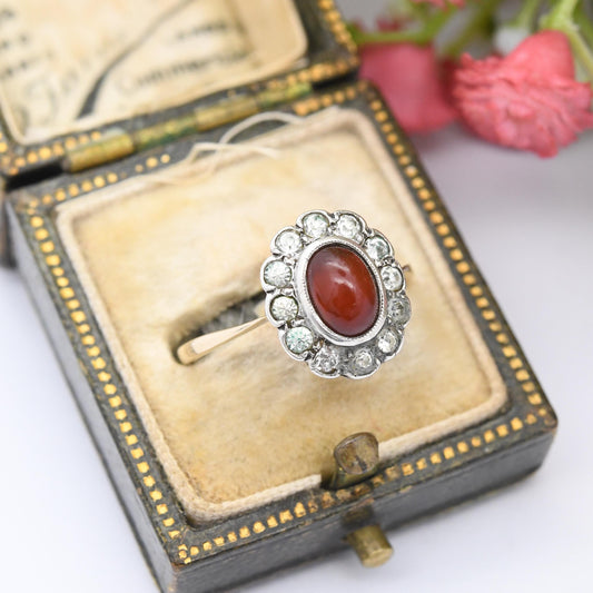 Vintage 9ct Gold & Sterling Silver Carnelian Paste Floral Halo Ring c. 1950 - Daisy Flower Ring Cocktail | UK Size - M 1/2 | US Size - 6 1/4