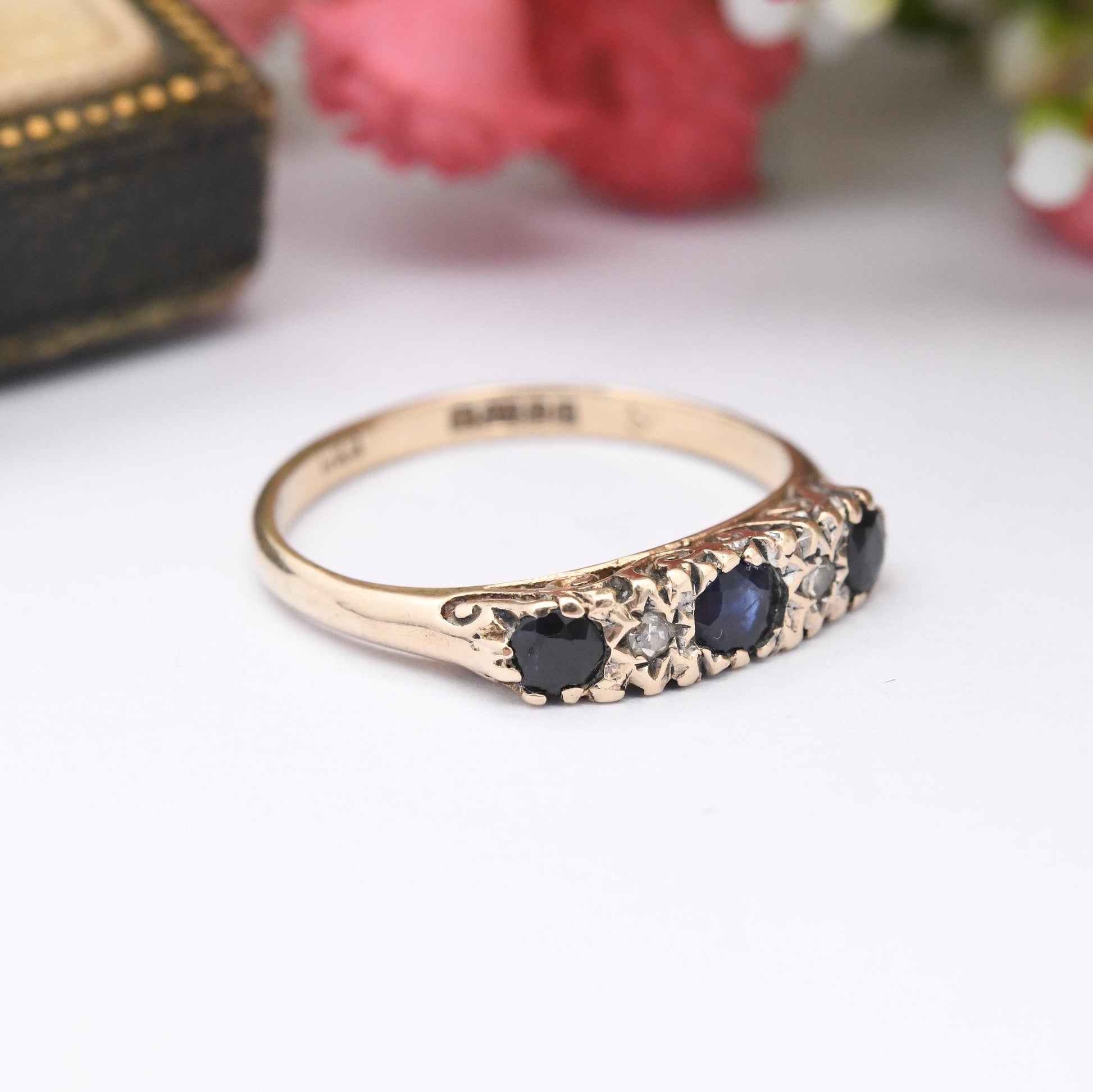 Vintage 9ct Gold Sapphire and Diamond Ring 1977 - Trilogy Three Stone Ring with Diamond Accents | UK Size - L | US Size - 5 3/4