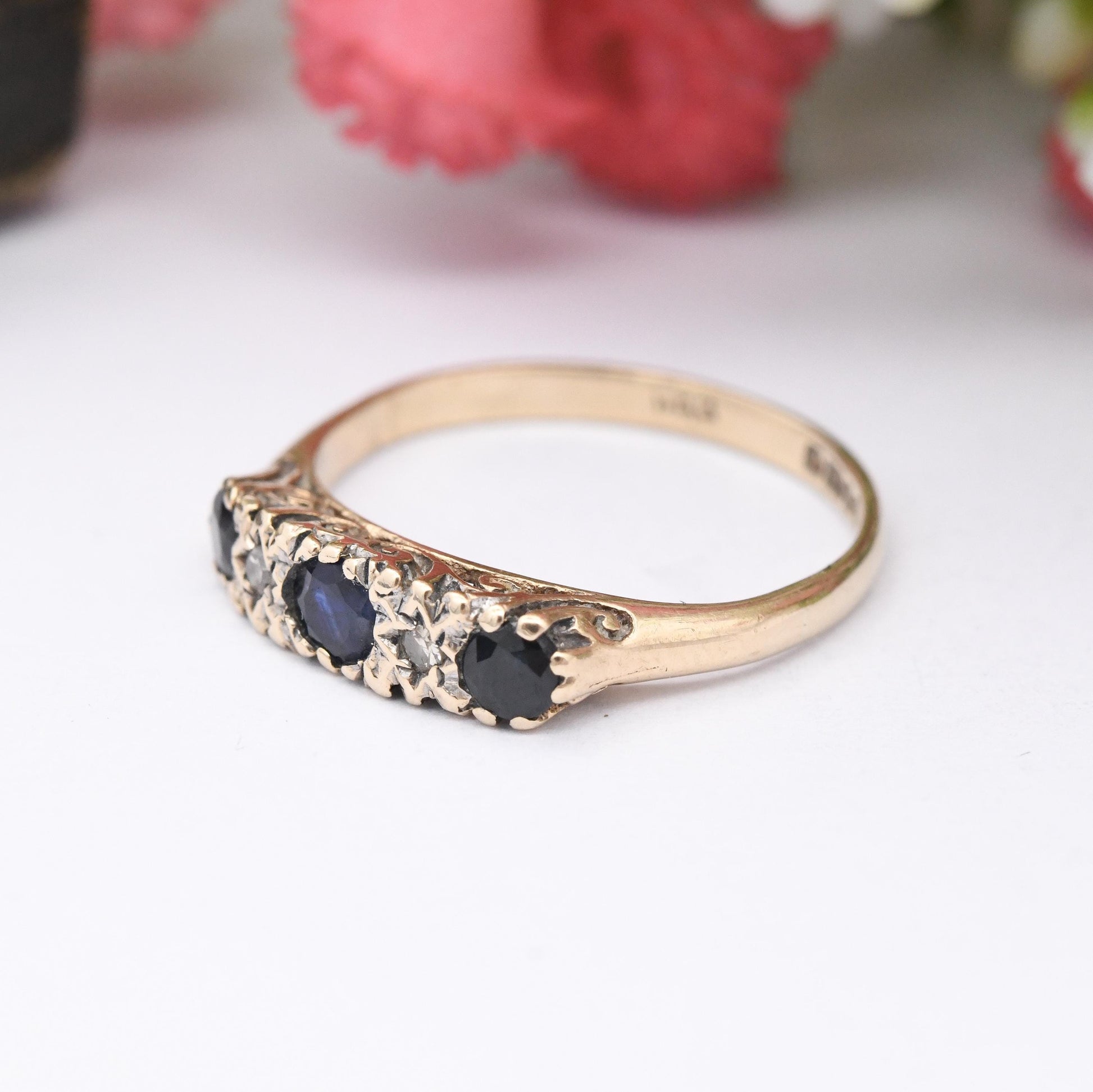 Vintage 9ct Gold Sapphire and Diamond Ring 1977 - Trilogy Three Stone Ring with Diamond Accents | UK Size - L | US Size - 5 3/4