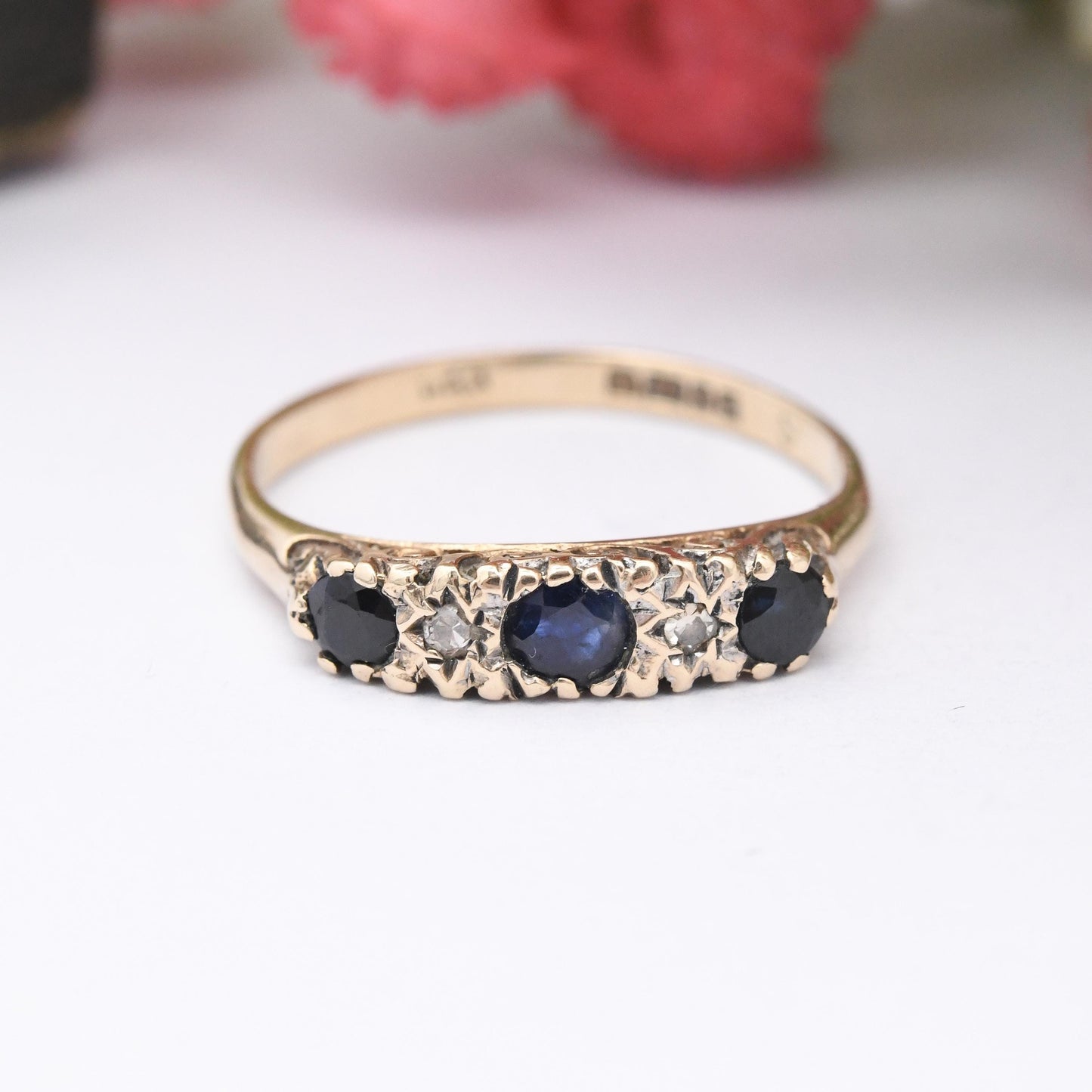 Vintage 9ct Gold Sapphire and Diamond Ring 1977 - Trilogy Three Stone Ring with Diamond Accents | UK Size - L | US Size - 5 3/4