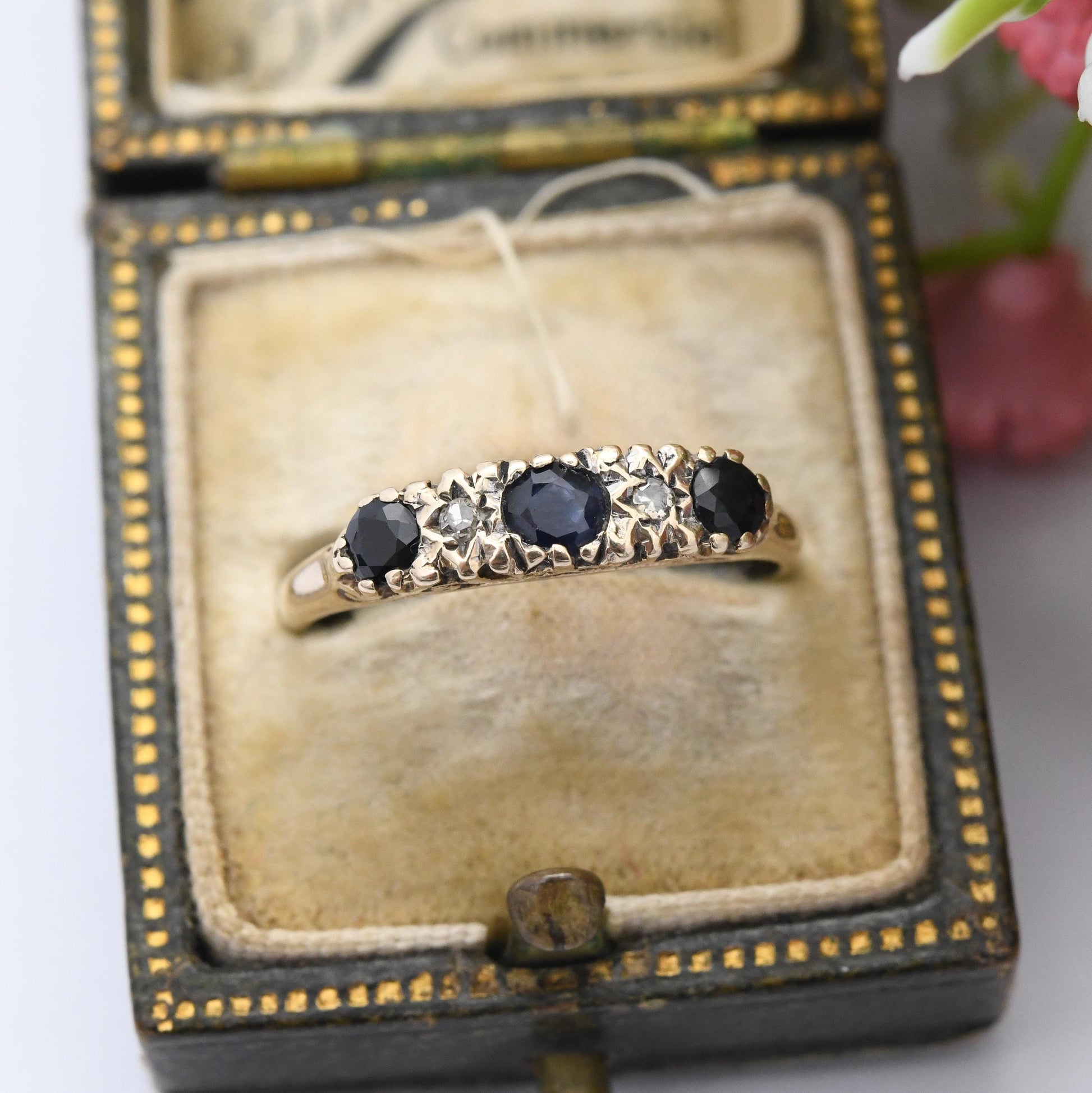 Vintage 9ct Gold Sapphire and Diamond Ring 1977 - Trilogy Three Stone Ring with Diamond Accents | UK Size - L | US Size - 5 3/4