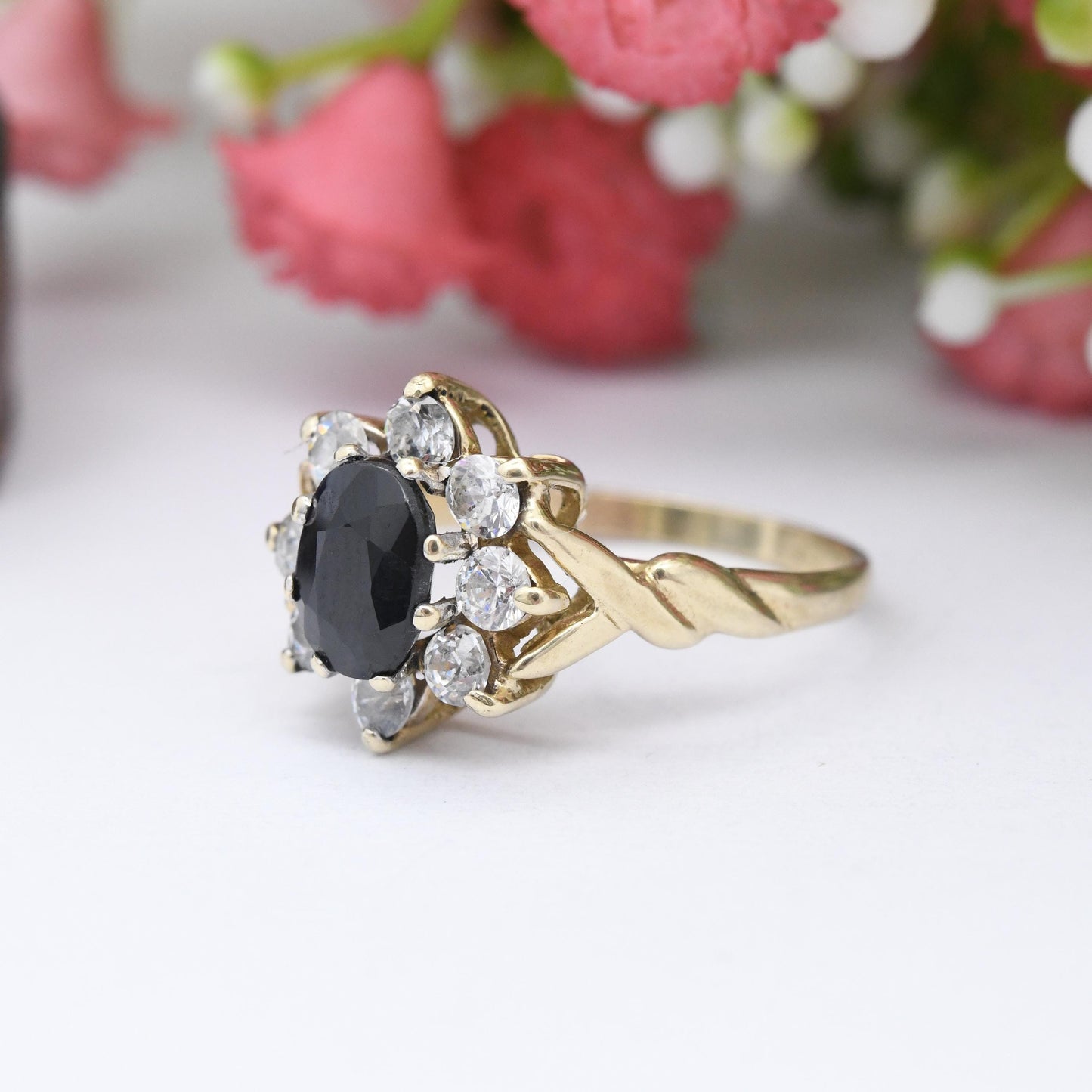 Vintage 9ct Gold Sapphire Floral Halo Ring 1985 - Twist Design Blue Stone CZ Cocktail Statement Ring | UK Size - K | US Size - 5 1/4