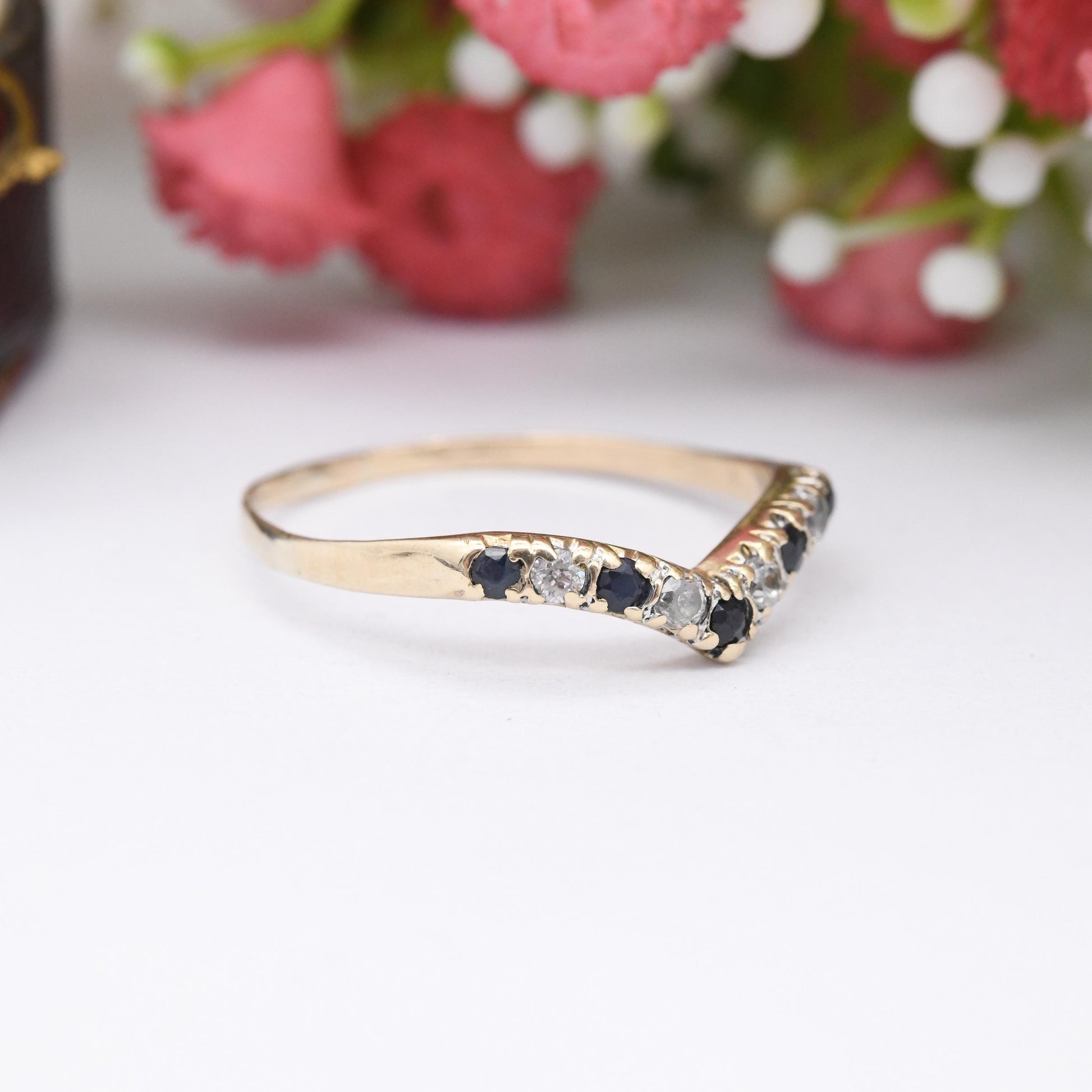 Vintage 9ct Gold Sapphire & Cubic Zirconia Wishbone Ring 1984 - CZ and Blue Engagement Ring Delicate Stacker | UK Size - T 1/2 US Size - 10