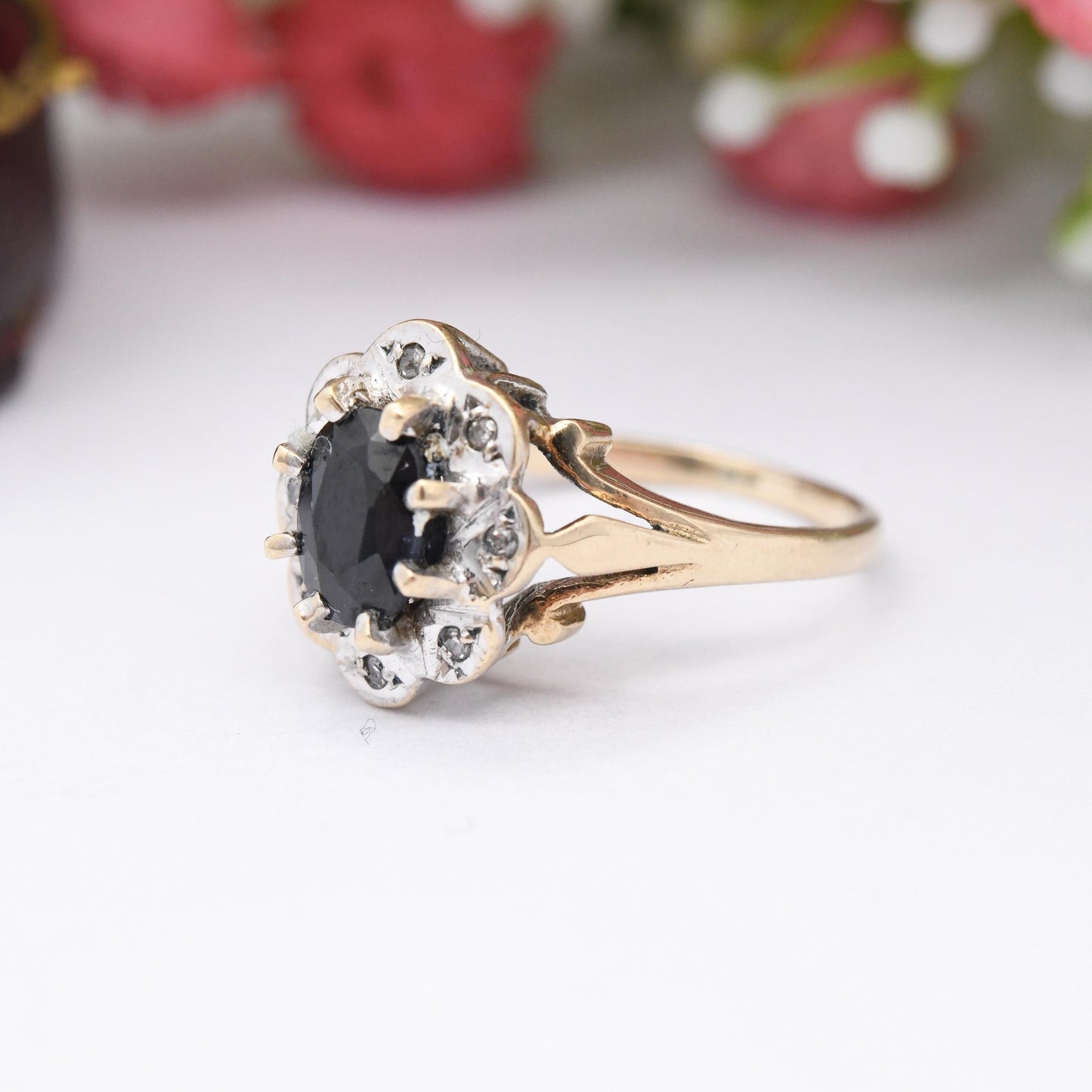 Vintage 9ct Gold Sapphire and Diamond Flower Halo Ring 1987 - Pretty Deep Blue Floral Ring Gift for Her | UK Size - I | US Size - 4 1/4