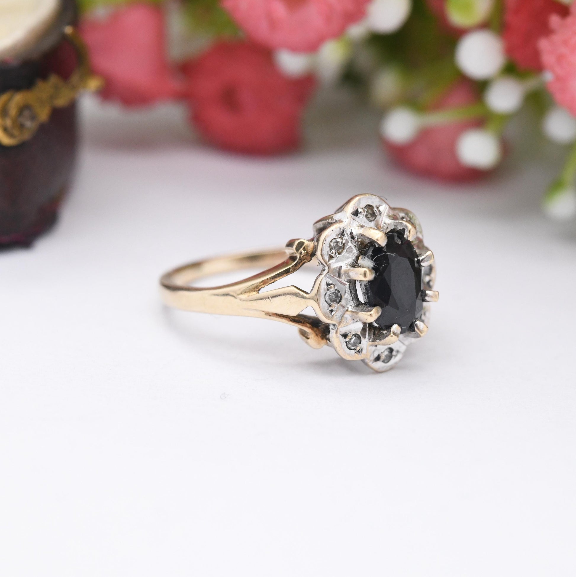 Vintage 9ct Gold Sapphire and Diamond Flower Halo Ring 1987 - Pretty Deep Blue Floral Ring Gift for Her | UK Size - I | US Size - 4 1/4