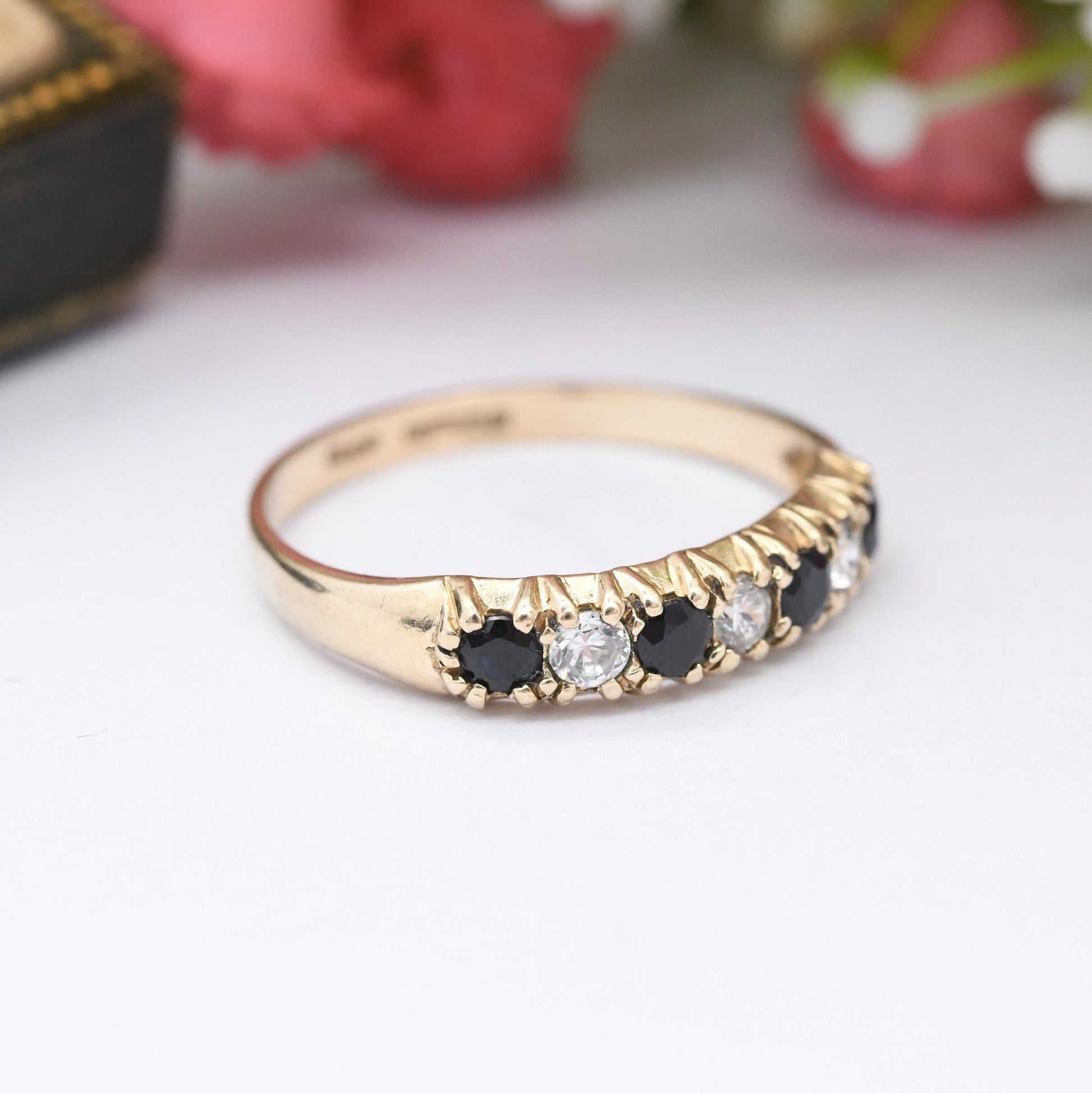 Vintage 9ct Gold Sapphire Half Eternity Ring 1994 - Blue and Clear Seven Stone Stacker Ring Pretty Gold Gift | UK Size - N | US Size - 6 3/4