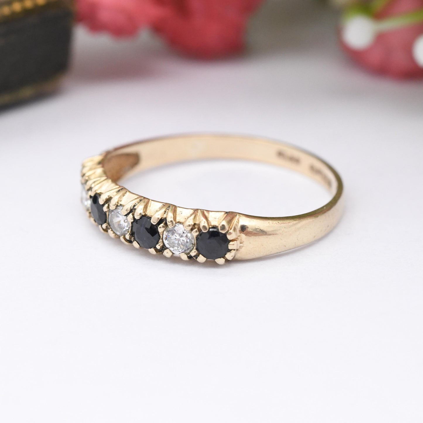 Vintage 9ct Gold Sapphire Half Eternity Ring 1994 - Blue and Clear Seven Stone Stacker Ring Pretty Gold Gift | UK Size - N | US Size - 6 3/4