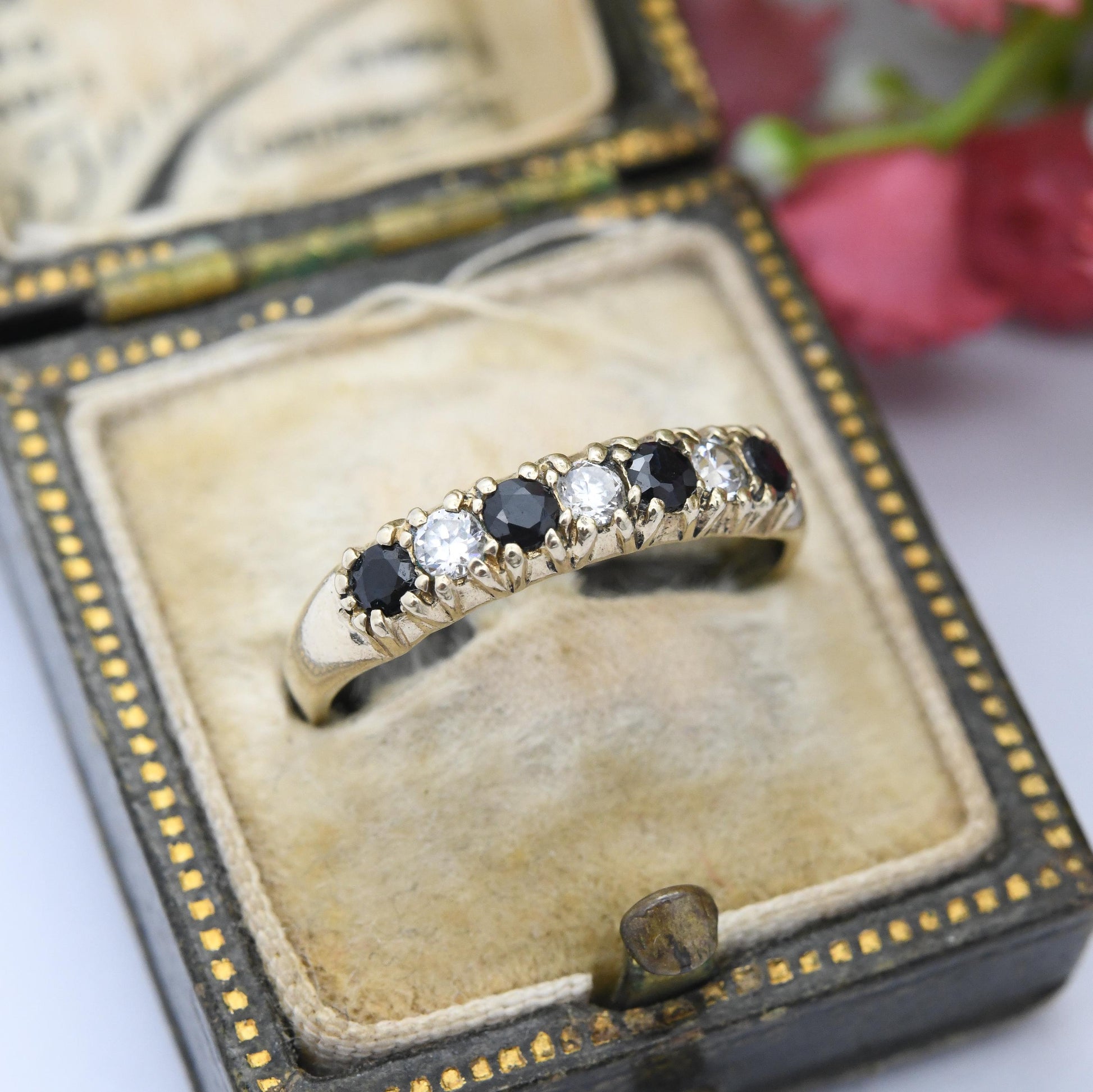 Vintage 9ct Gold Sapphire Half Eternity Ring 1994 - Blue and Clear Seven Stone Stacker Ring Pretty Gold Gift | UK Size - N | US Size - 6 3/4