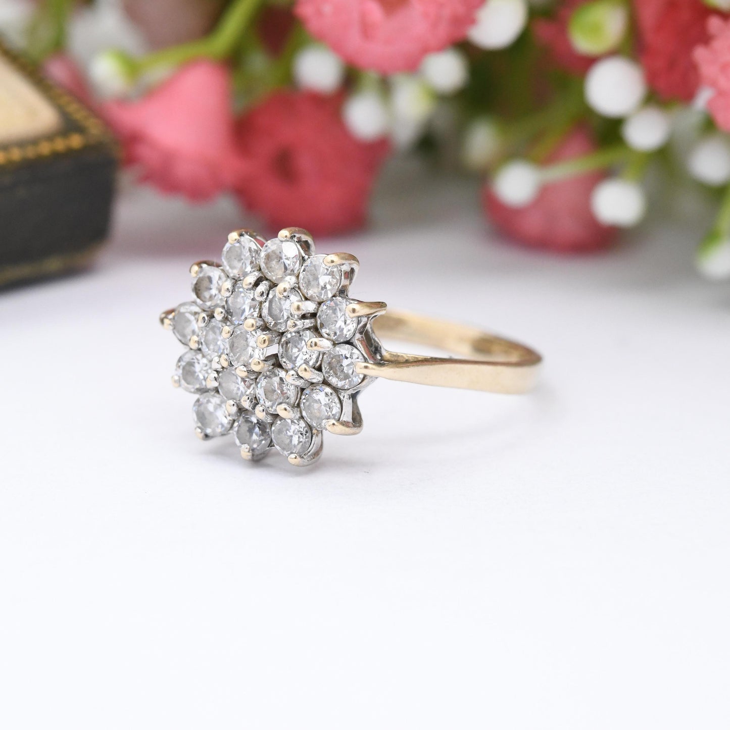 Vintage 9ct Gold CZ Cluster Ring - Large Statement Cocktail Ring | Sparkly Jewellery Gift for Her | UK Size - R 1/2 | US Size - 9