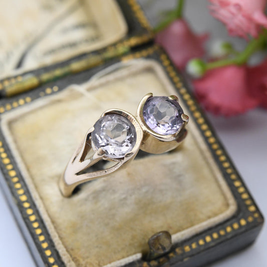 Vintage 9ct Gold Two Stone Ring 1970 Purple Clear Dual Gemstones - Mid-Century Large Faceted Stone Cocktail | UK Size - N 1/2 | US Size - 7