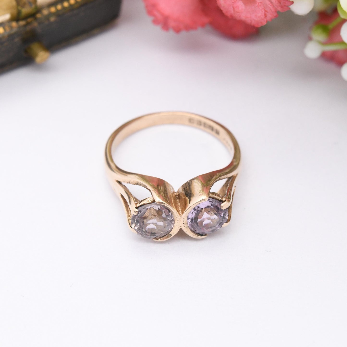 Vintage 9ct Gold Two Stone Ring 1970 Purple Clear Dual Gemstones - Mid-Century Large Faceted Stone Cocktail | UK Size - N 1/2 | US Size - 7