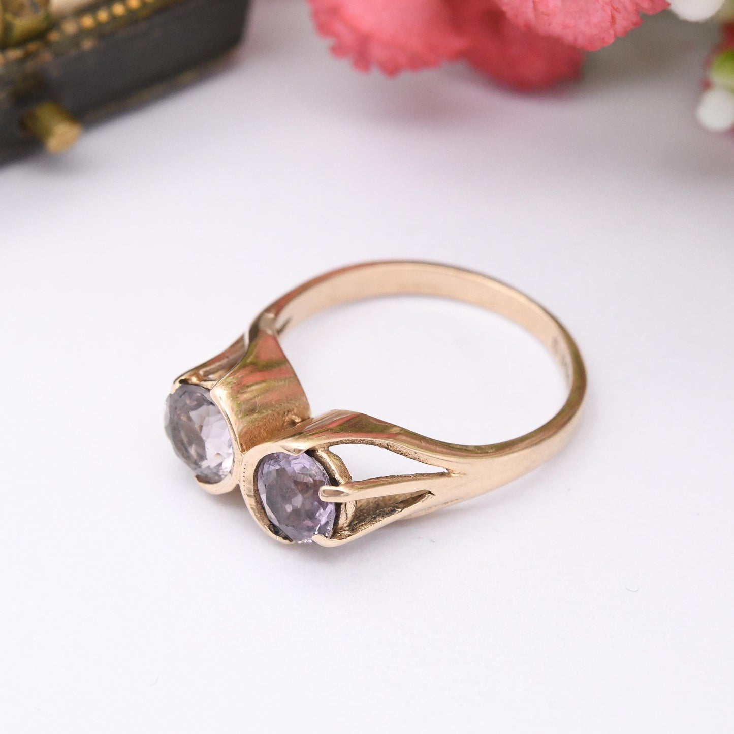 Vintage 9ct Gold Two Stone Ring 1970 Purple Clear Dual Gemstones - Mid-Century Large Faceted Stone Cocktail | UK Size - N 1/2 | US Size - 7