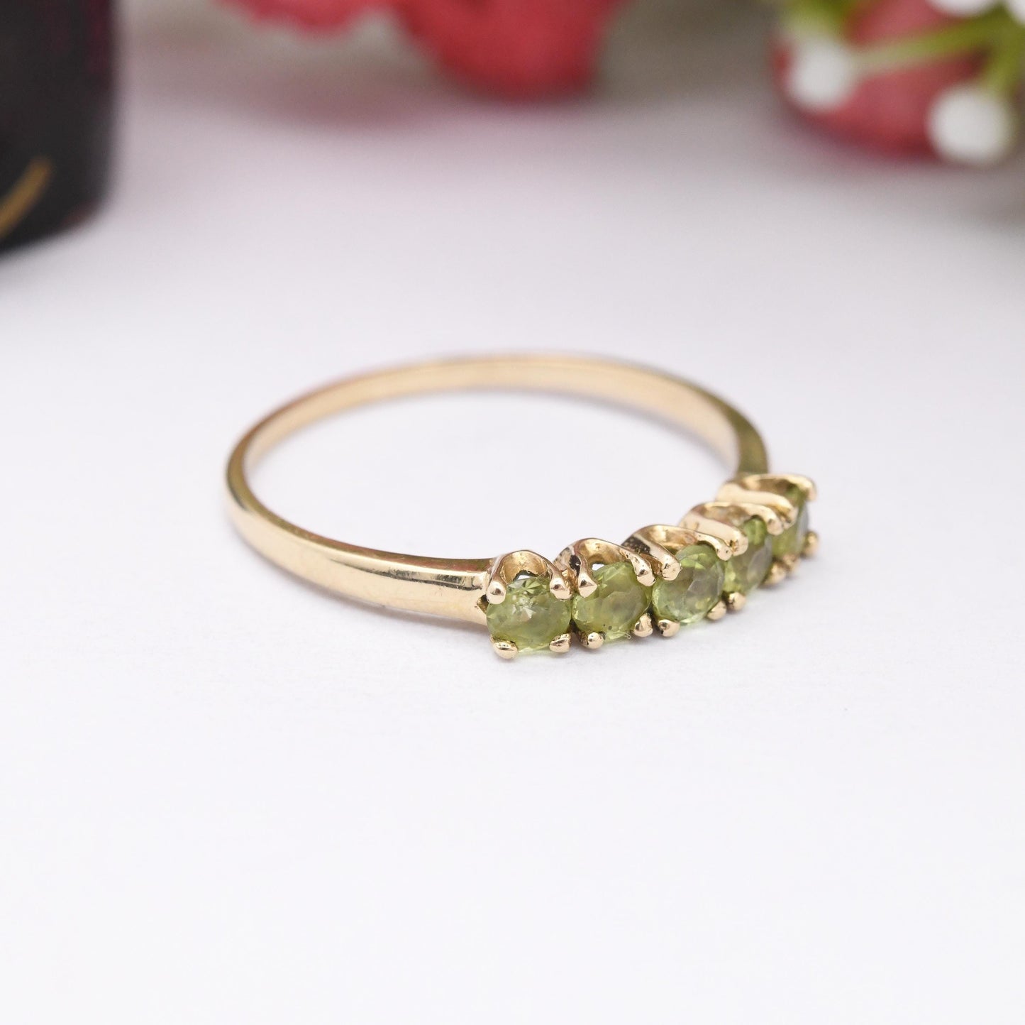 Vintage 9ct Gold Peridot Five Stone Ring - 5 Stone Stacking Ring Half Eternity | Green Gemstone Jewellery Gift | UK Size - P US Size - 7 1/2