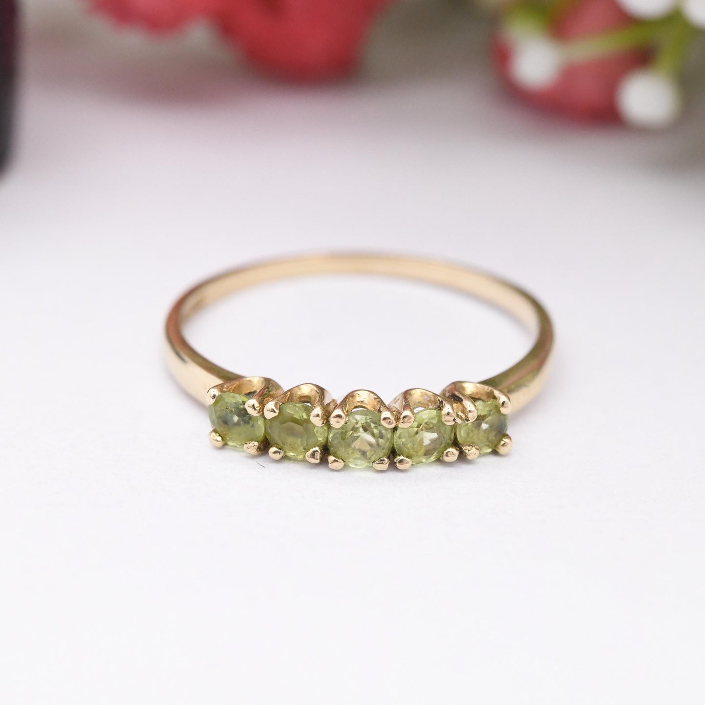 Vintage 9ct Gold Peridot Five Stone Ring - 5 Stone Stacking Ring Half Eternity | Green Gemstone Jewellery Gift | UK Size - P US Size - 7 1/2