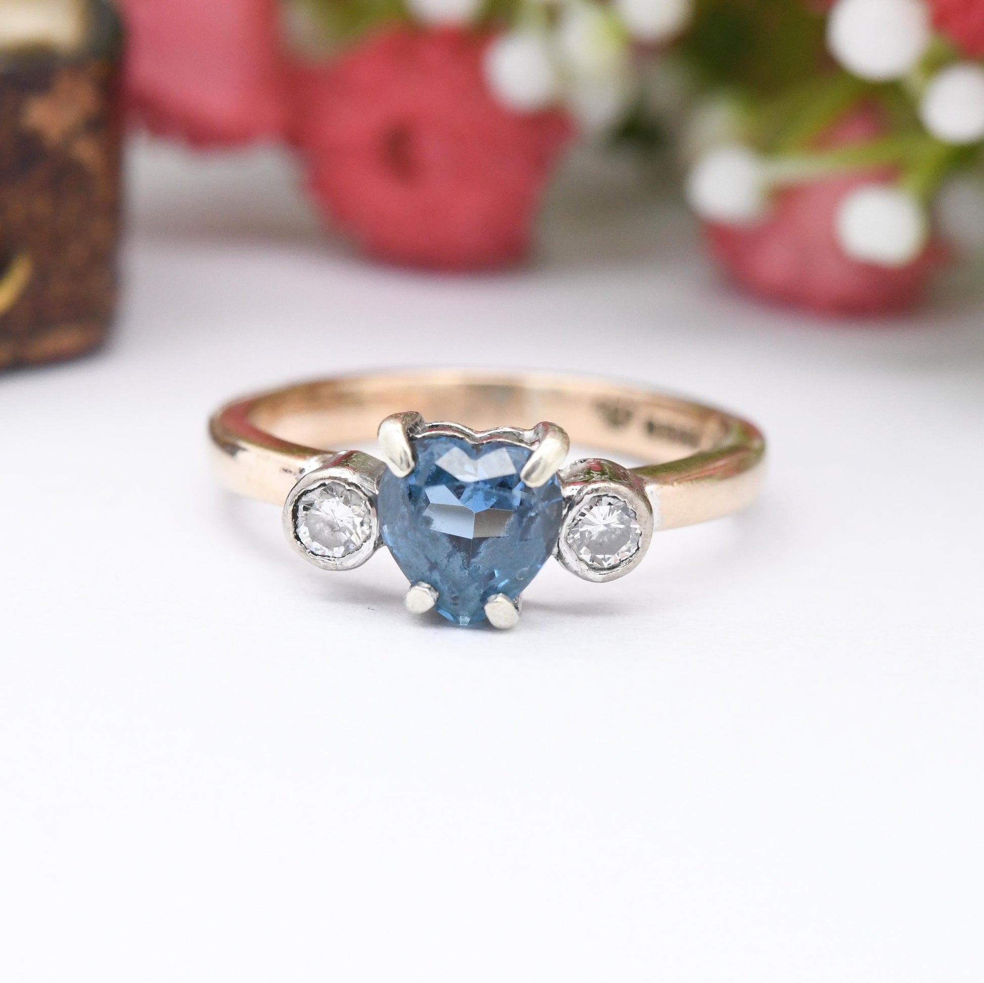 Vintage 9ct Gold Blue Stone and Diamond Three Stone Ring 2000 Heart Gemstone - Love Heart Shape Engagement | UK Size - M | US Size - 6 1/4