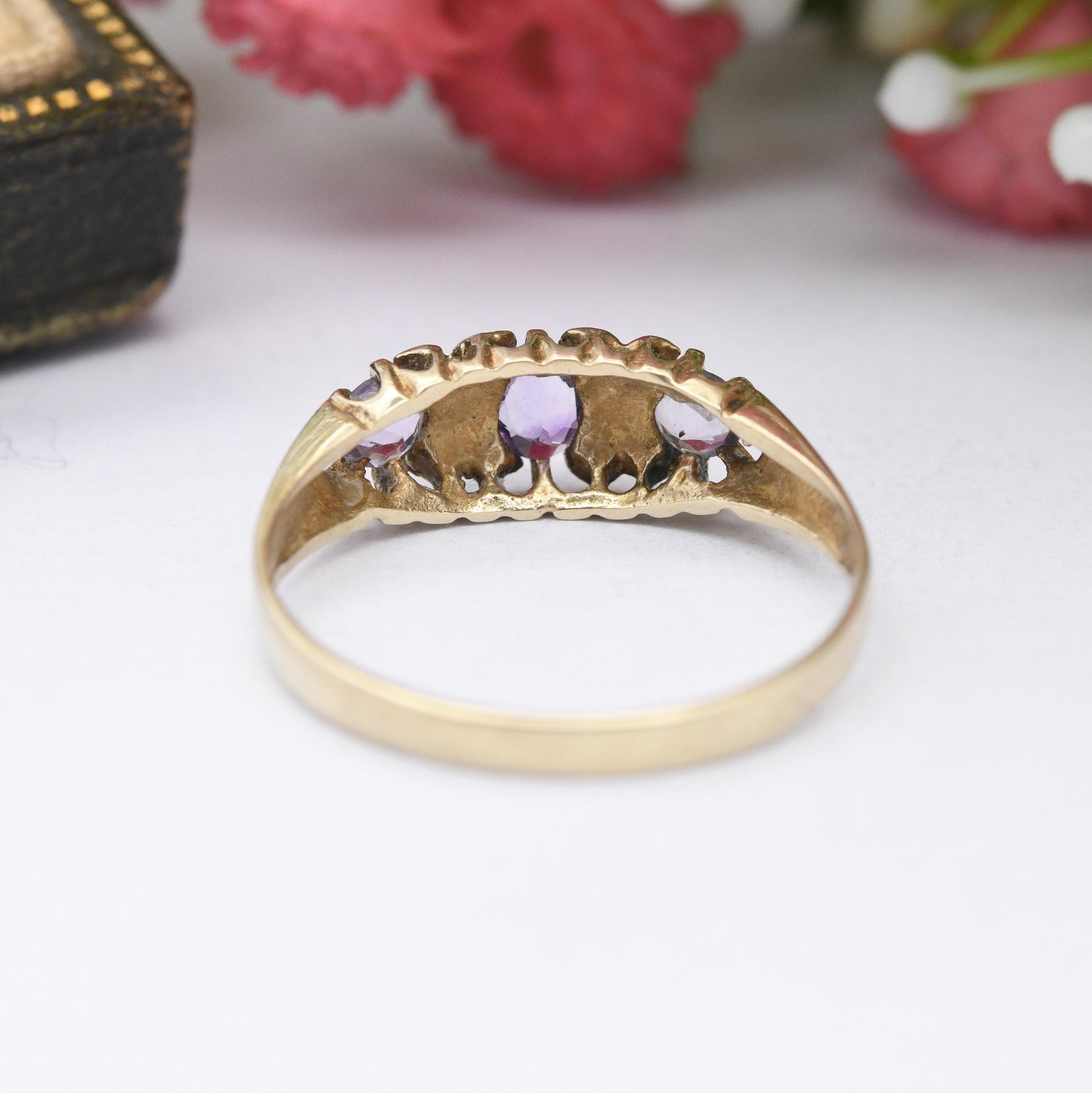 Vintage 9ct Gold Amethyst Three Stone Boat Ring 1993 - Antique Edwardian Style Trilogy Ring | Pretty Gift | UK Size - N | US Size - 6 3/4