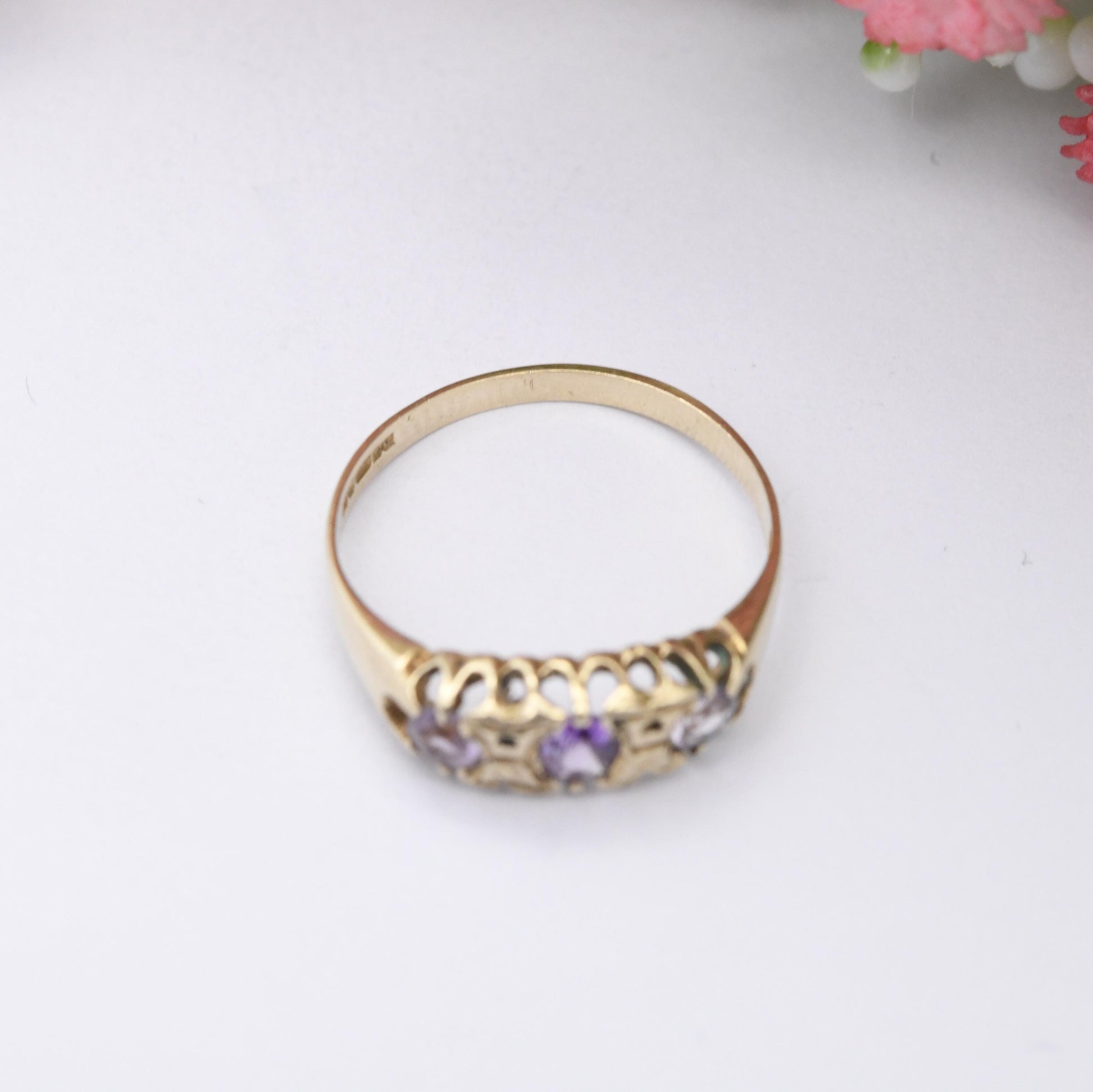 Vintage 9ct Gold Amethyst Three Stone Boat Ring 1993 - Antique Edwardian Style Trilogy Ring | Pretty Gift | UK Size - N | US Size - 6 3/4