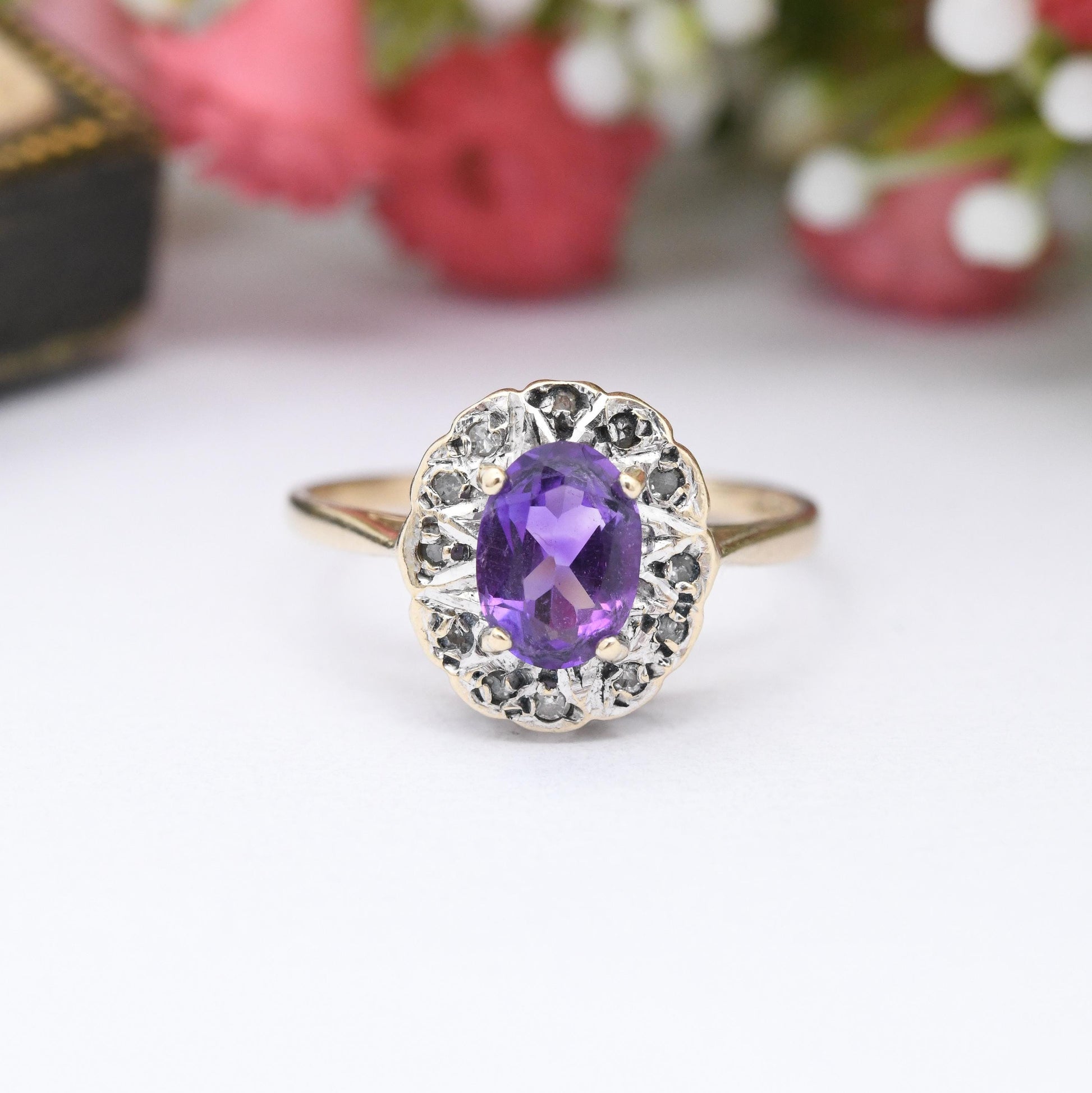 Vintage 9ct Gold Amethyst Diamond Halo Ring - Pretty Solid Gold Jewellery Gift Mid-Century Purple Halo | UK Size - K 1/2 | US Size - 5 1/2