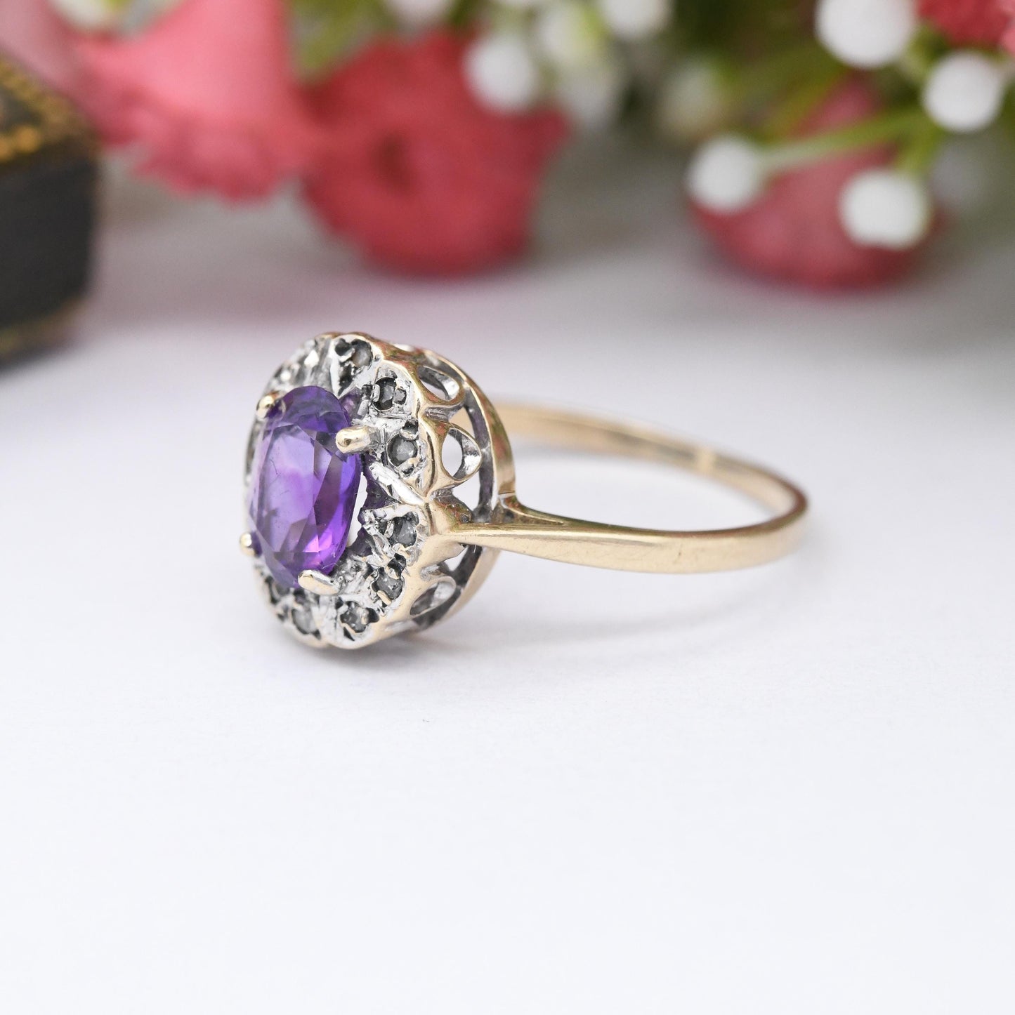 Vintage 9ct Gold Amethyst Diamond Halo Ring - Pretty Solid Gold Jewellery Gift Mid-Century Purple Halo | UK Size - K 1/2 | US Size - 5 1/2